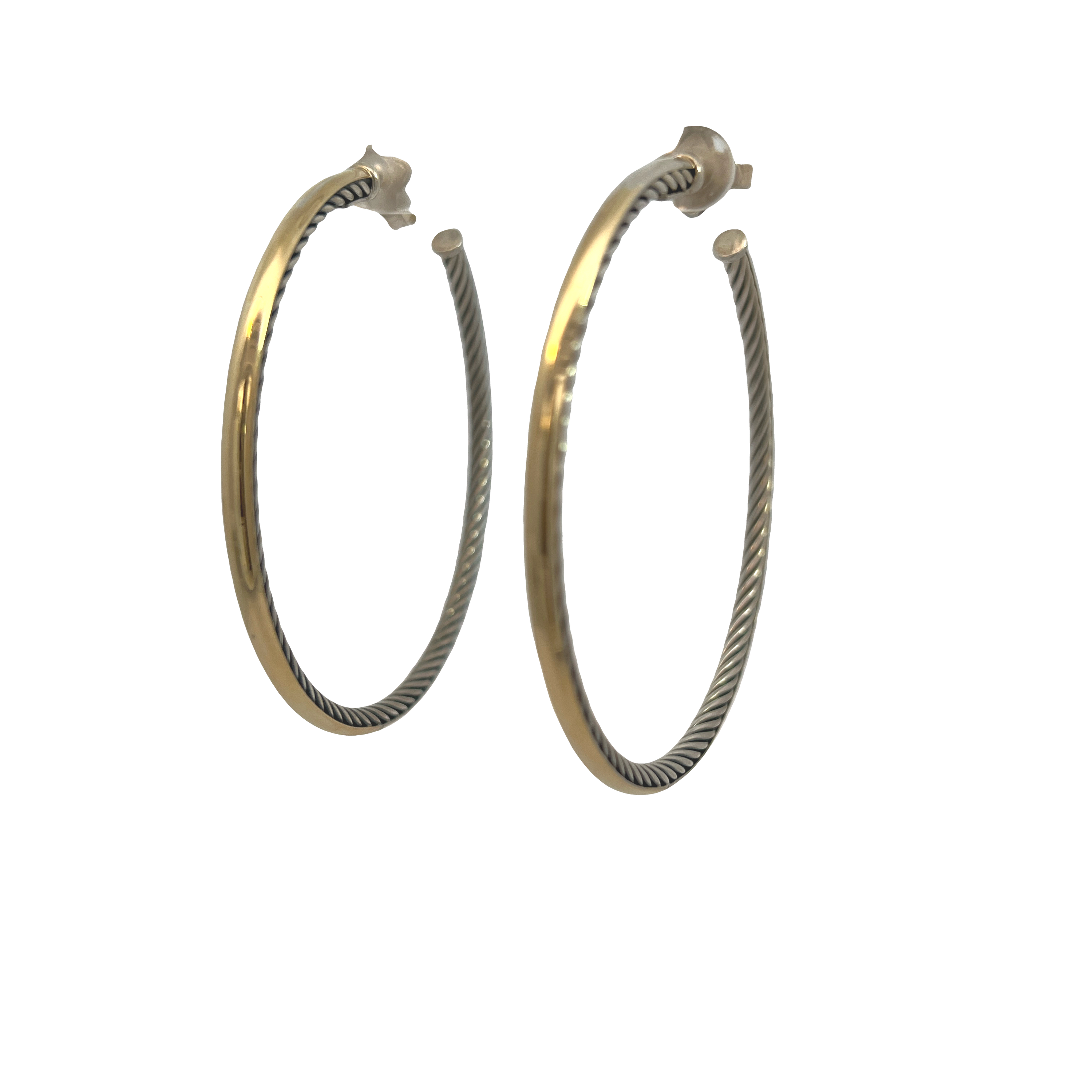 Estate David Yurman Large 2.5" Cable Hoop Earrings in Sterling Silver & 14K Yellow Gold