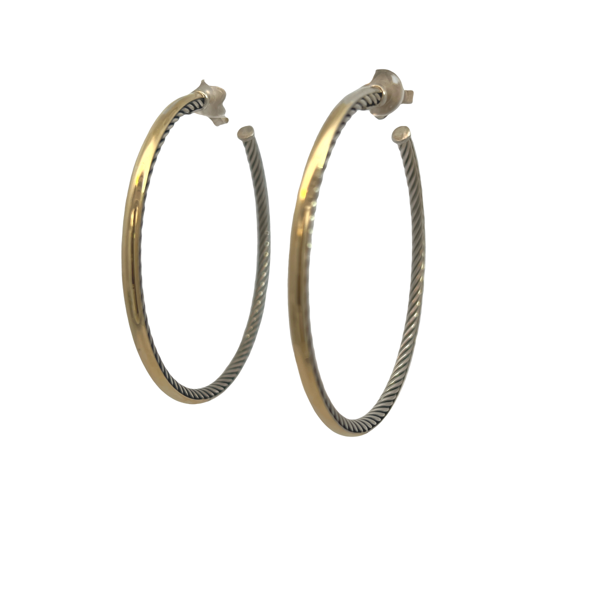 Estate David Yurman Large 2.5" Cable Hoop Earrings in Sterling Silver & 14K Yellow Gold
