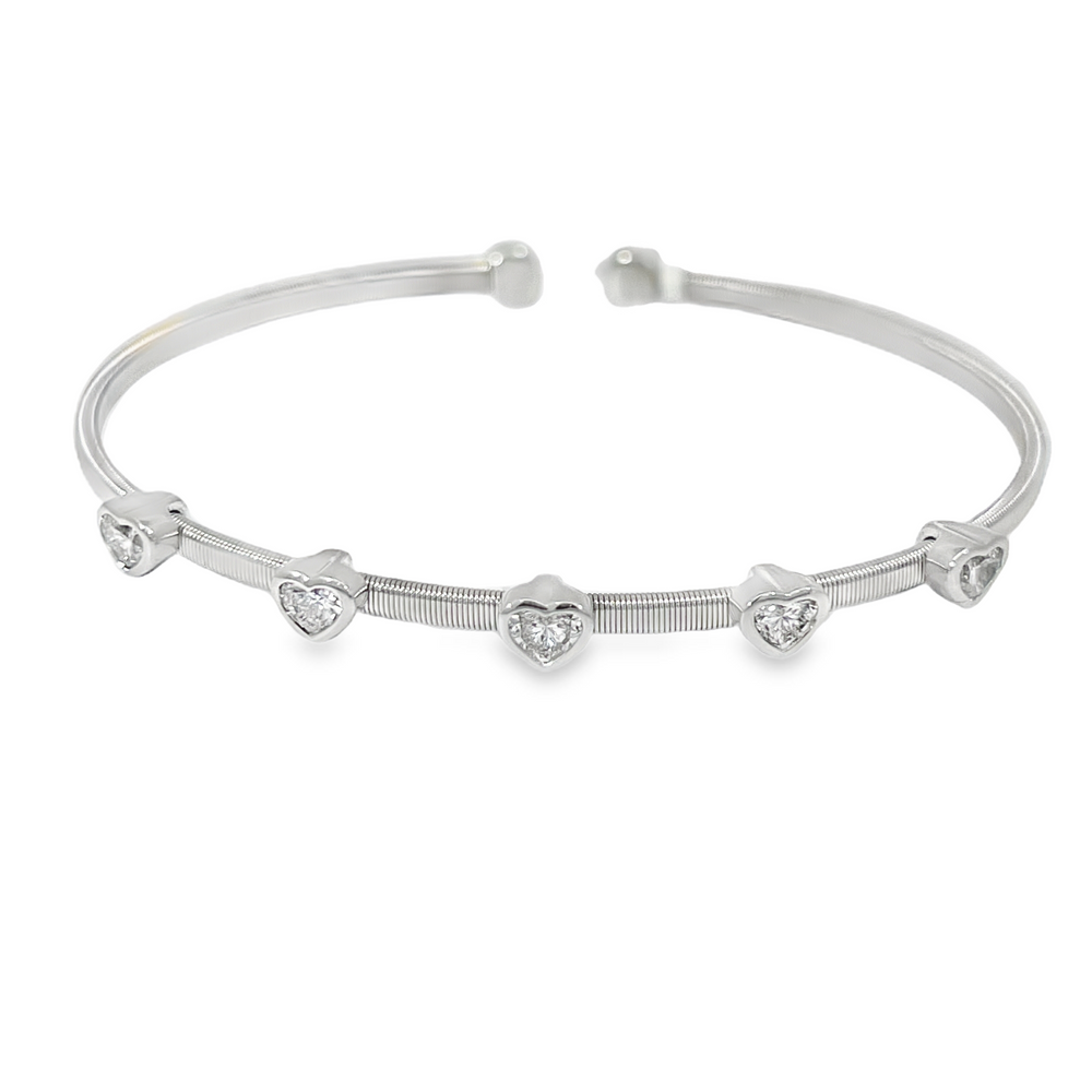 18K White Gold 5-Stone Bezel-Set Heart Diamond Bangle Cuff – 1.00 CTW