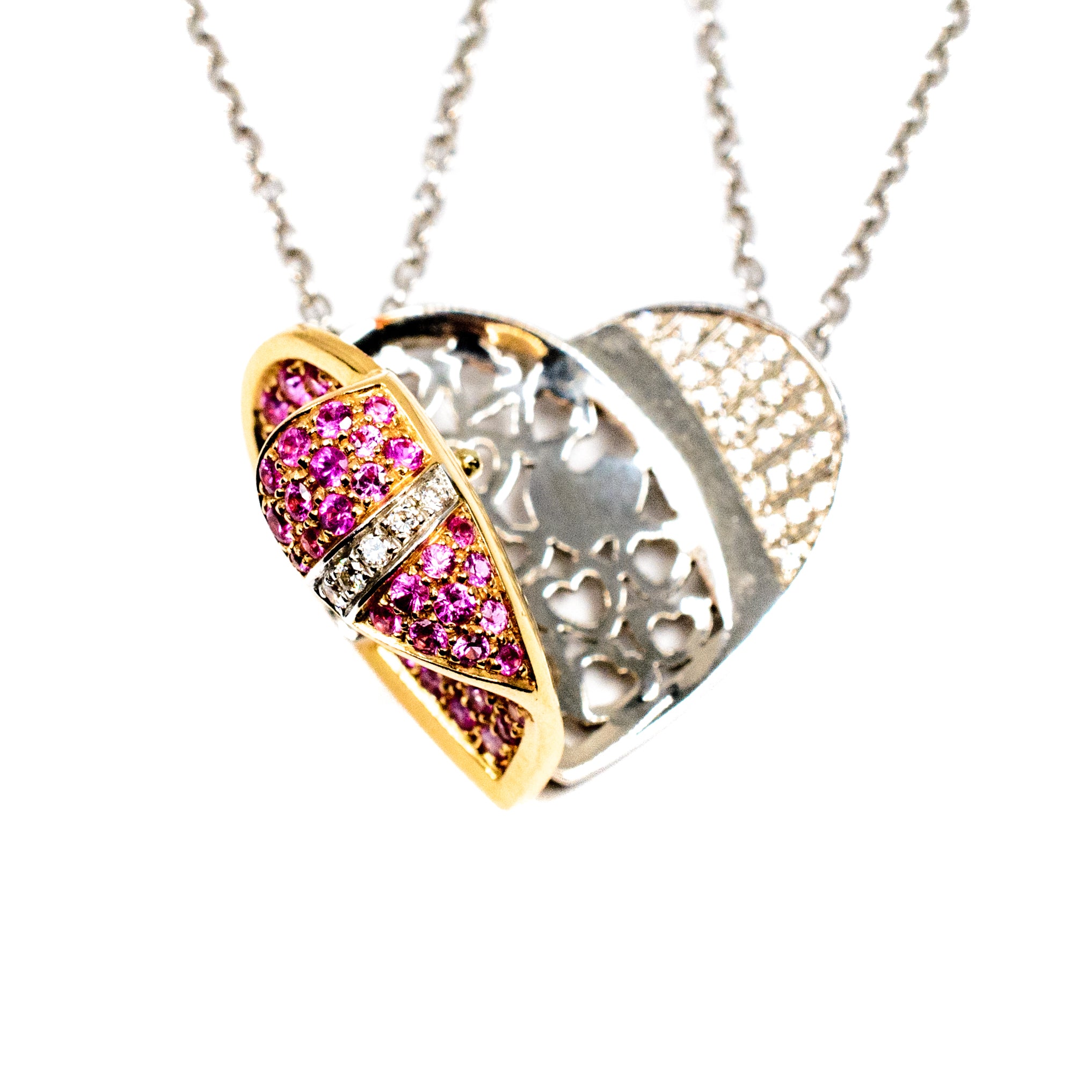 18kt Two Tone Gold Pink Sapphire and Diamond Heart Necklace