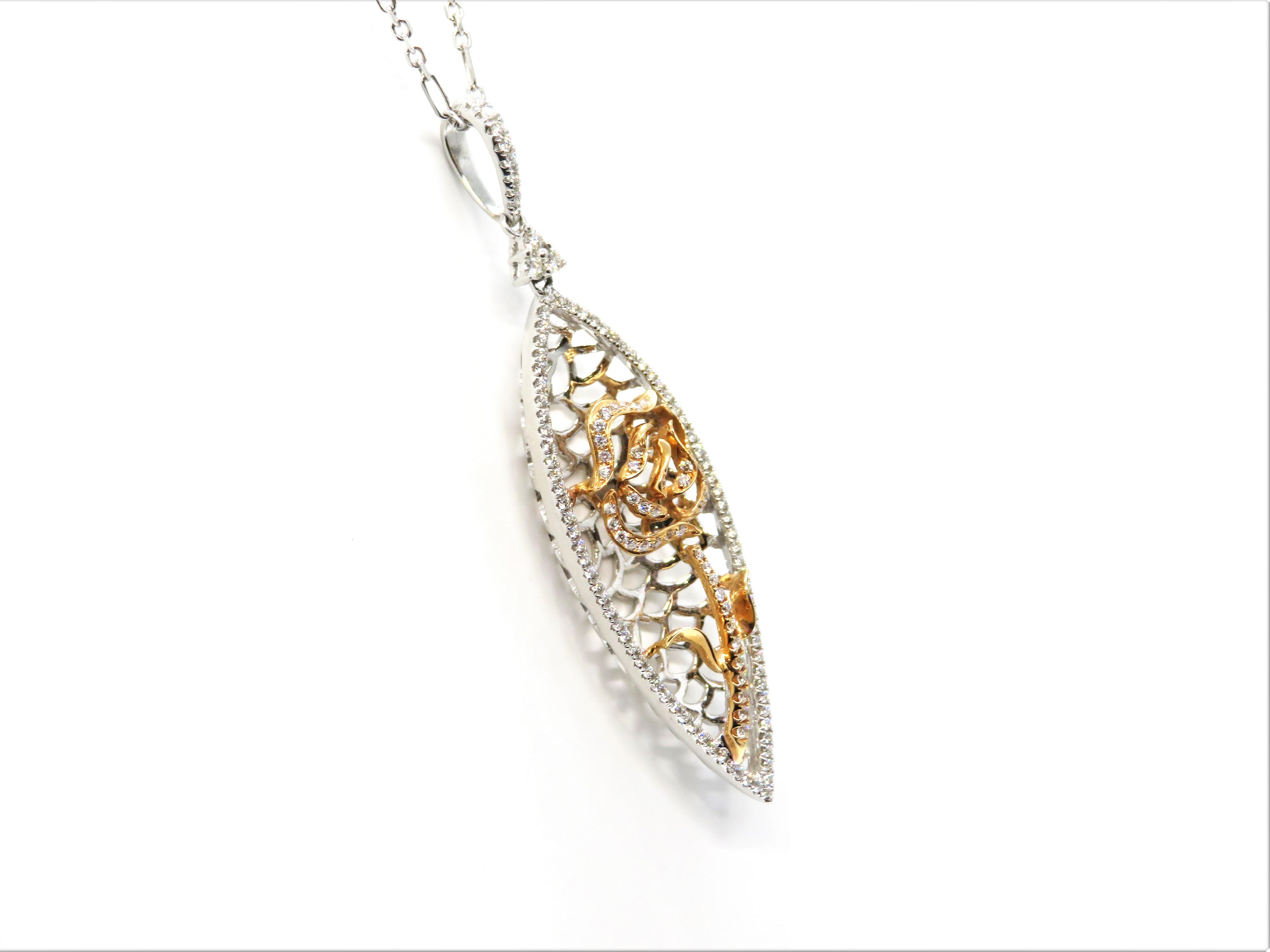 18K Two-Tone Diamond Floral Filigree Pendant Necklace