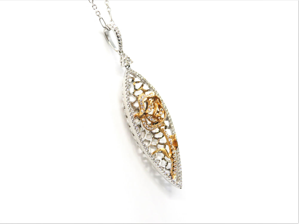 18K Two-Tone Diamond Floral Filigree Pendant Necklace