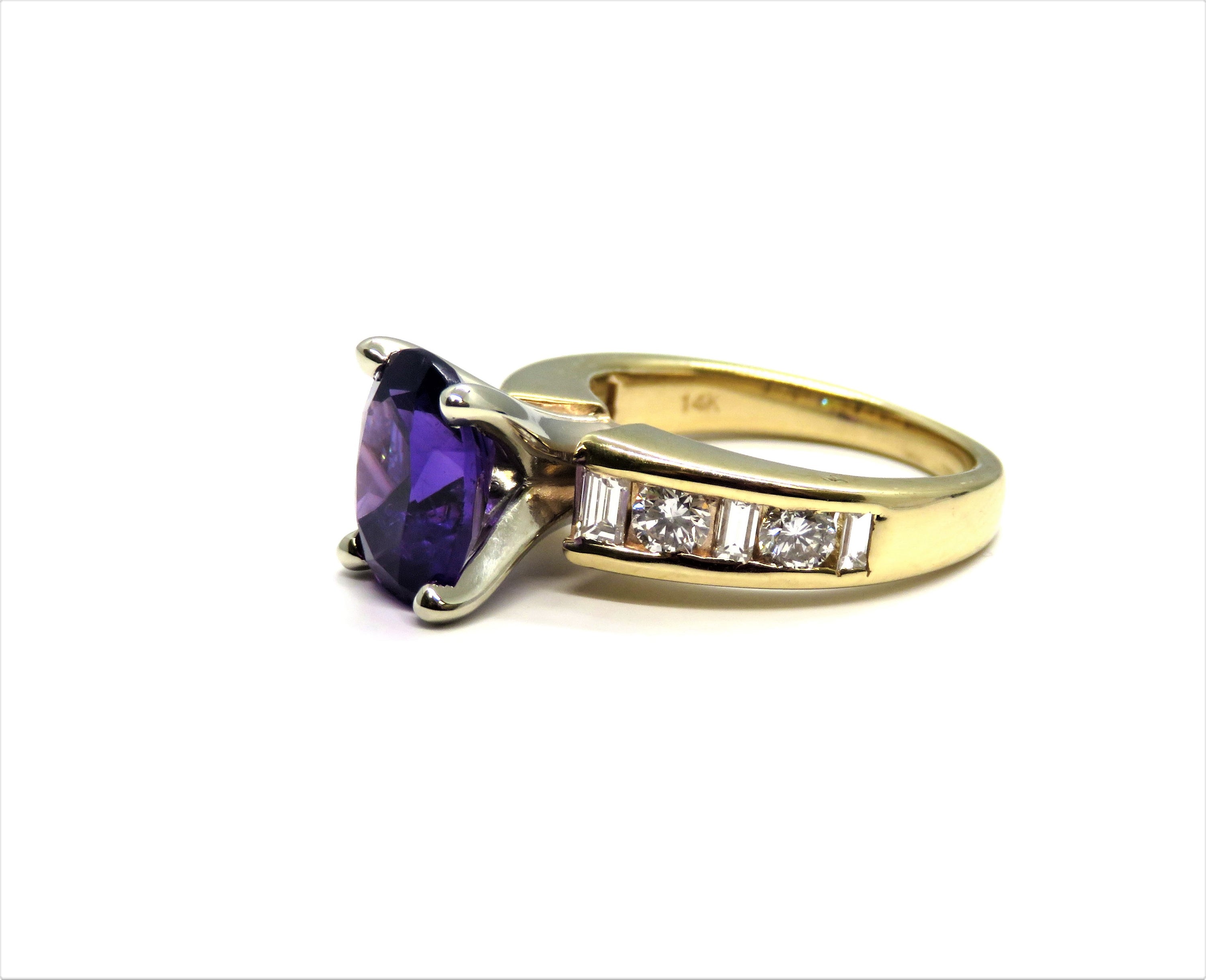 14Kt Yellow Gold Amethyst Fashion Ring with Channel Style Diamonds