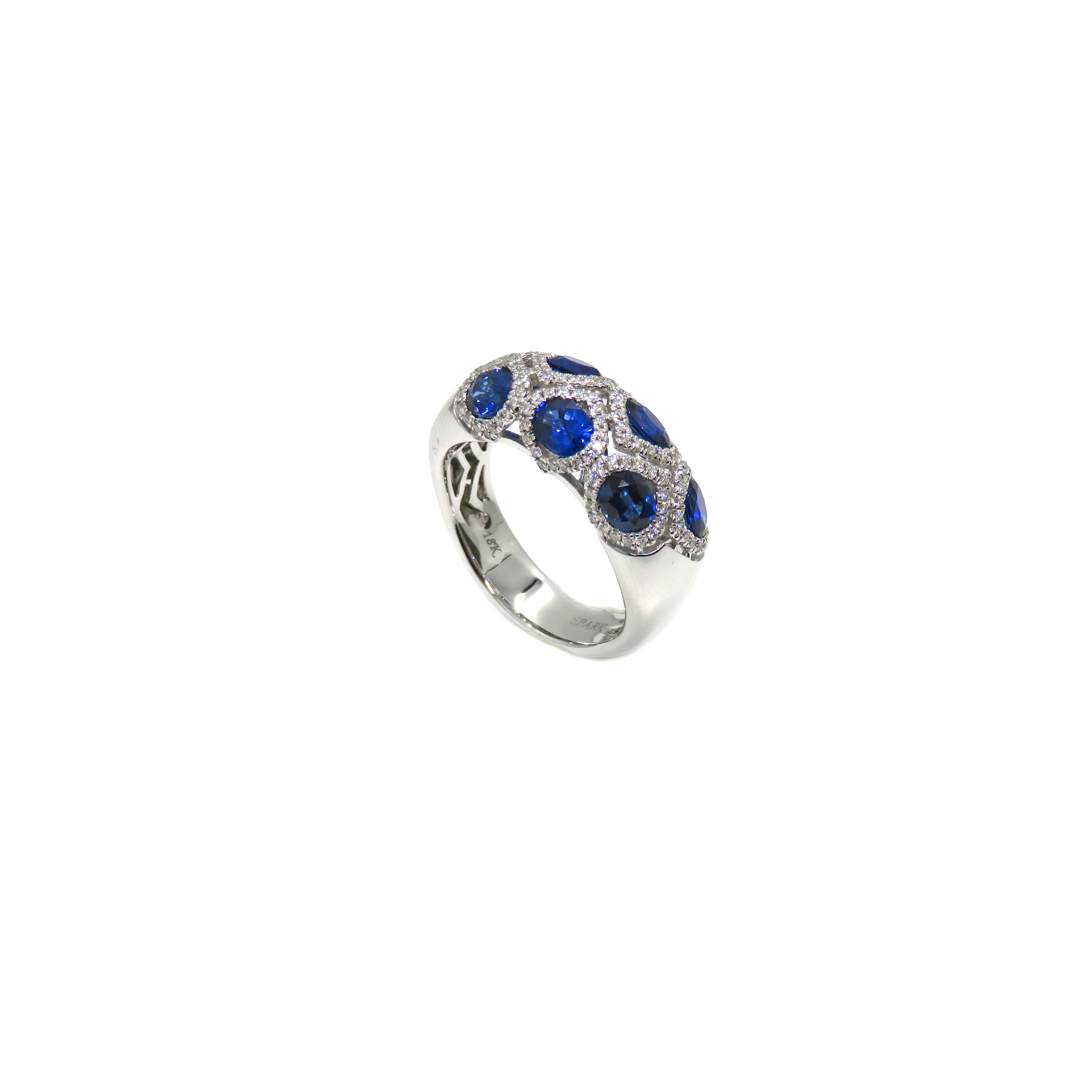 18kt White Gold Spark Design Domed Fashion Ring with Seven Oval Sapphires & Diamond Semi-Halos