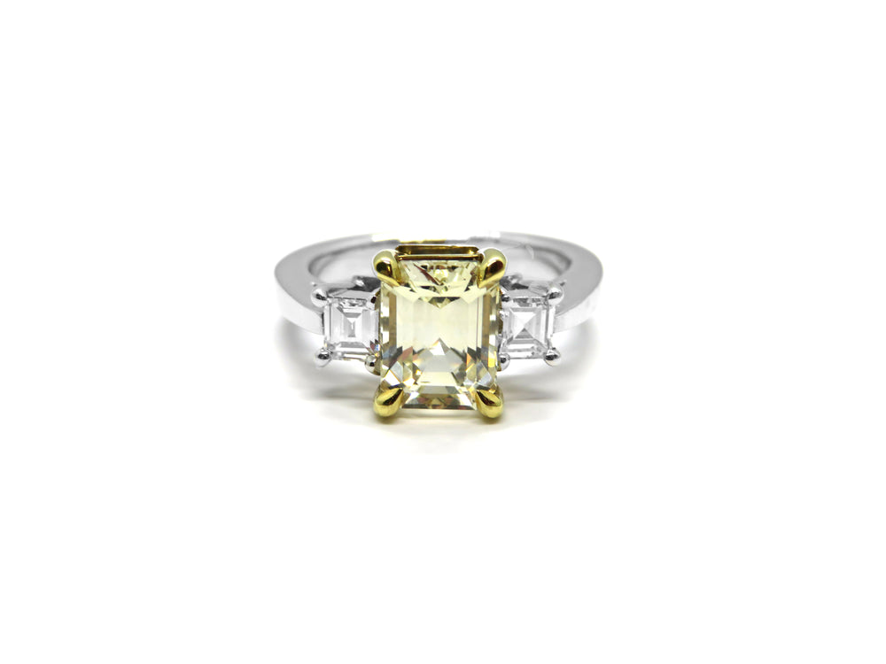 Platinum 3 Stone Fashion Ring with Emerald Cut Yellow Sapphire & 2 Side Diamonds