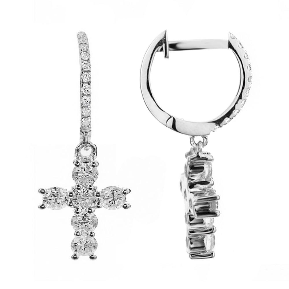 18K White Gold Diamond Cross Huggie Earrings