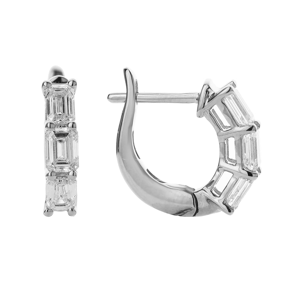 18K White Gold Emerald Cut Diamond Huggie Hoops 2.00 Carat
