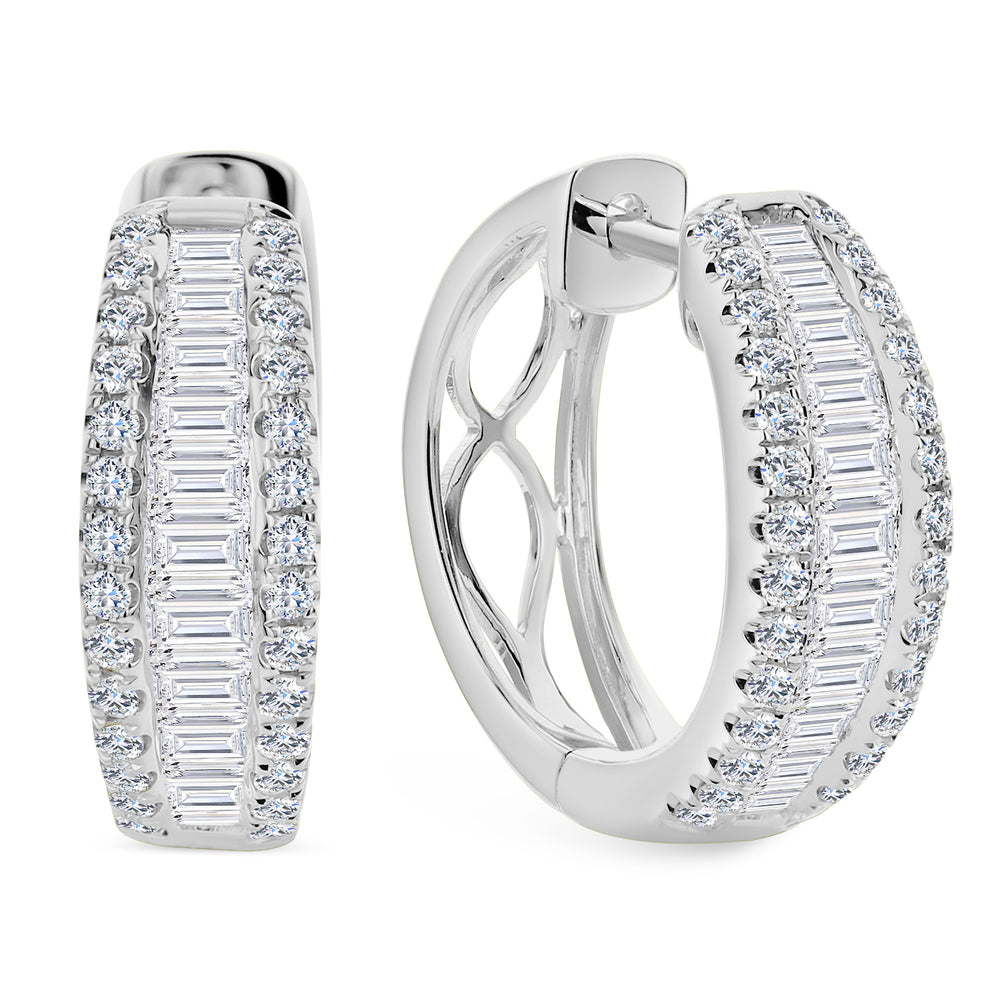 18K White Gold Diamond Hoops with Baguette Center Row 1.50 Carat