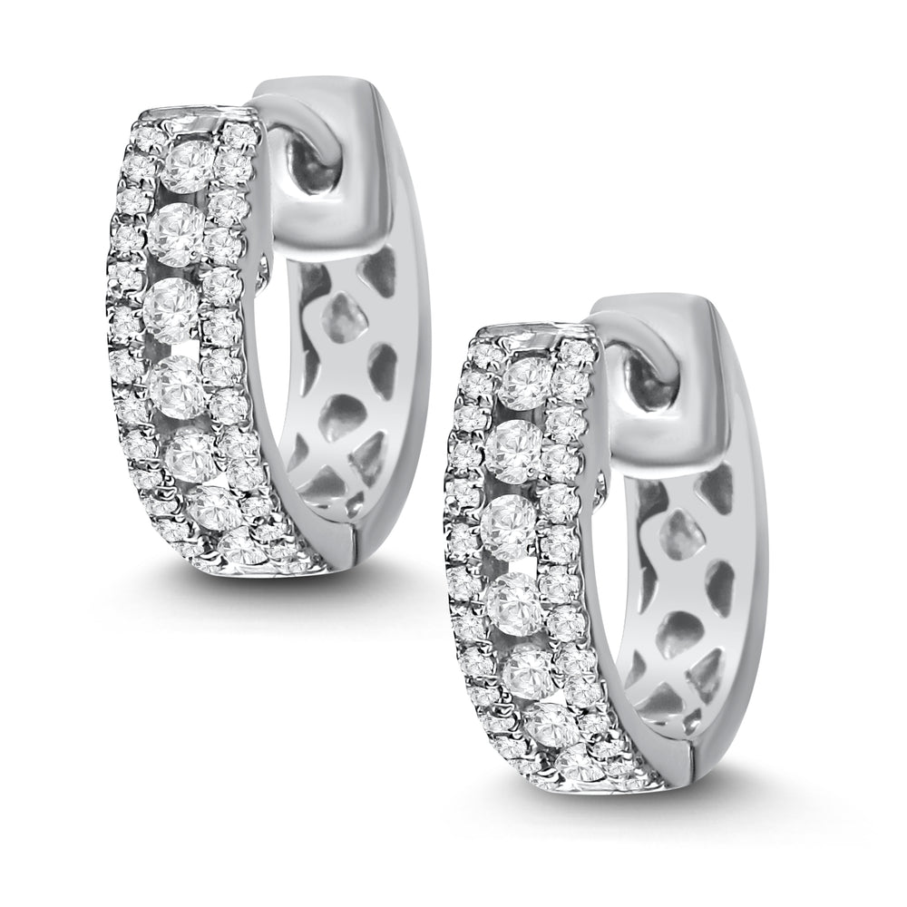 18K White Gold Triple Row Diamond Huggie Hoop Earrings