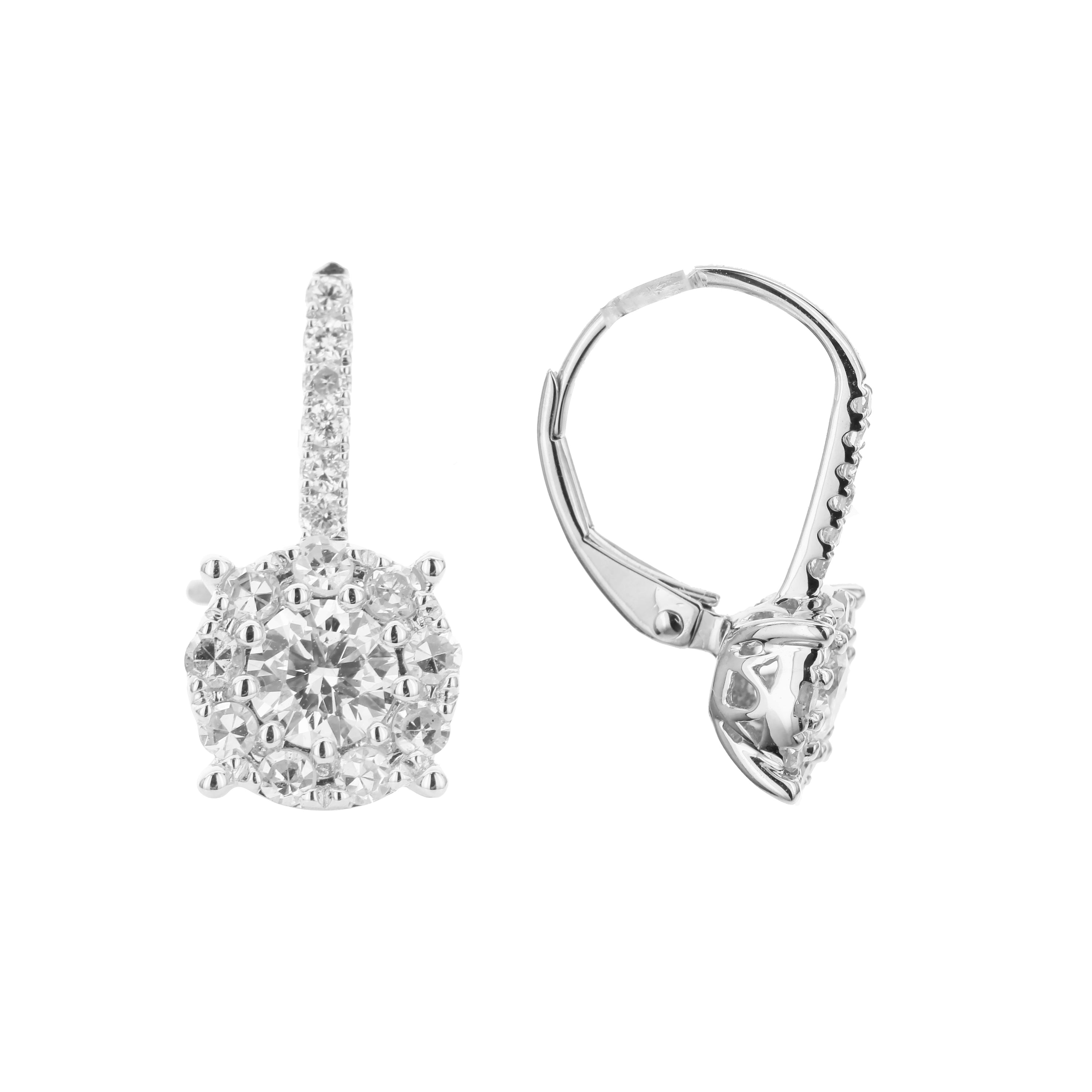 18K White Gold Diamond Cluster Drop Earrings