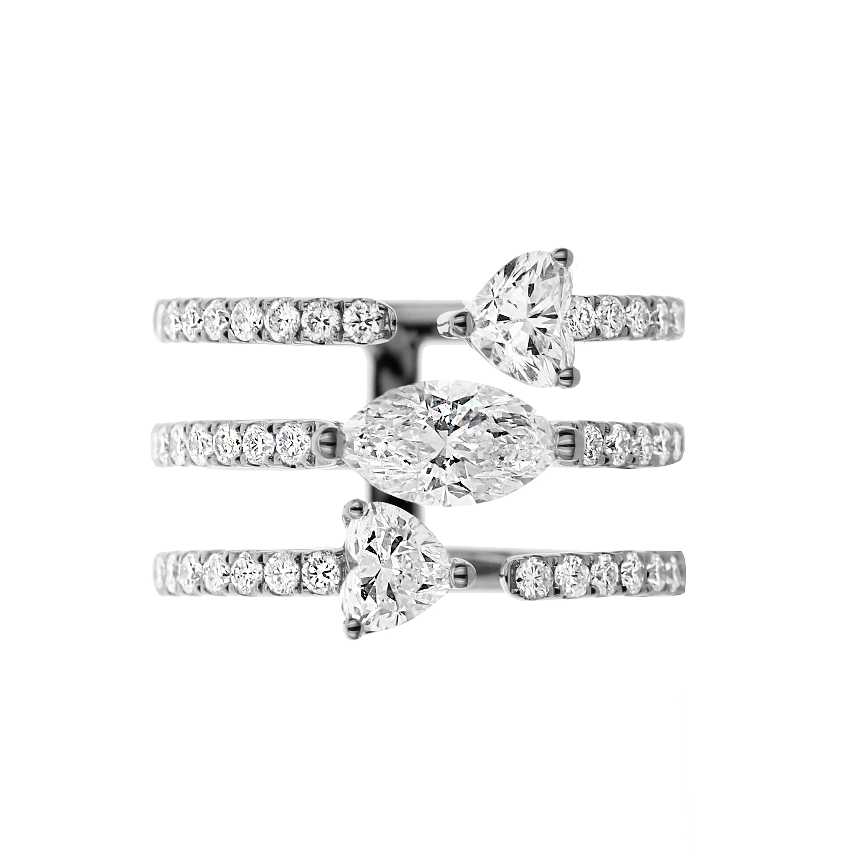 18K White Gold Diamond Ring with Marquise, Round & Heart Diamonds
