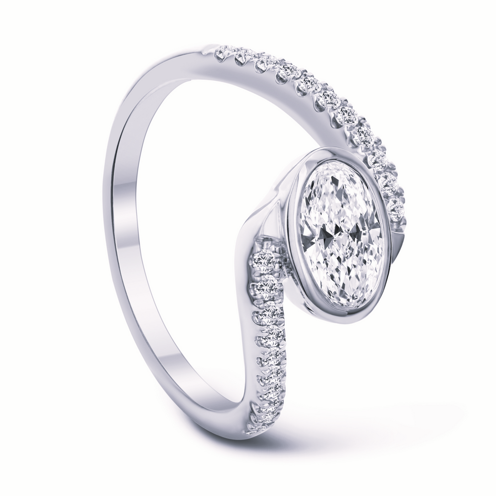18K White Gold Oval & Round Diamond Ring