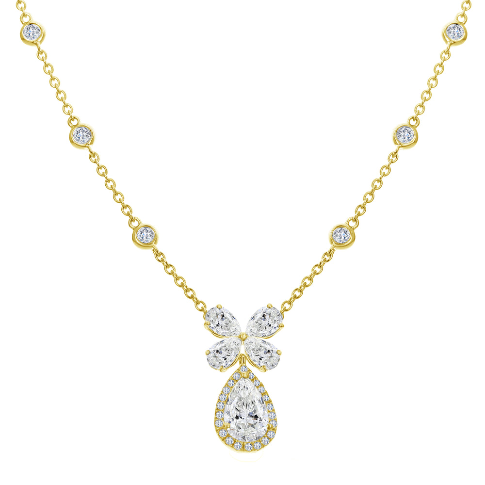 18K Yellow Gold Diamond Bow Necklace with Pear-Shape Drop