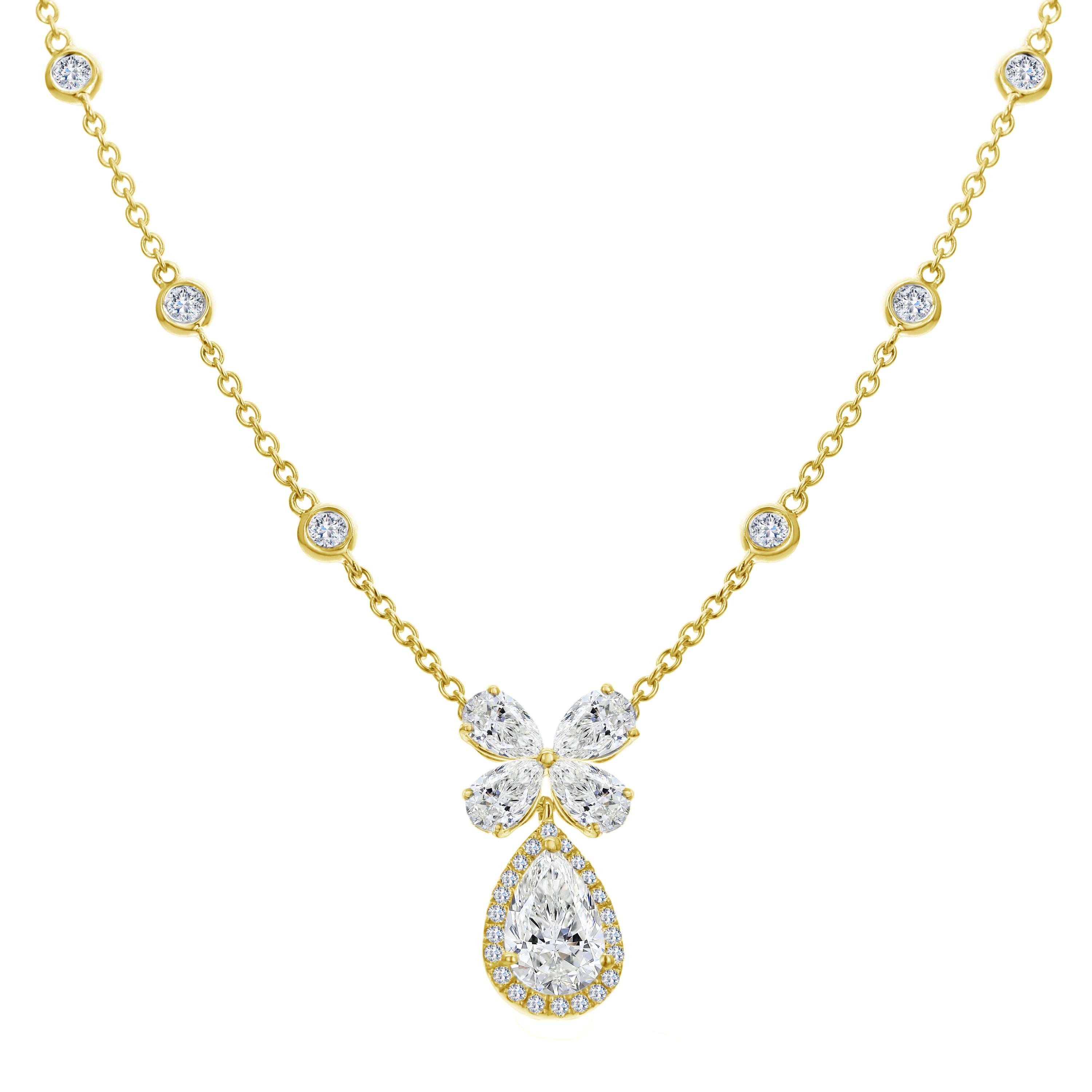 18K Yellow Gold Diamond Bow Necklace with Pear-Shape Drop