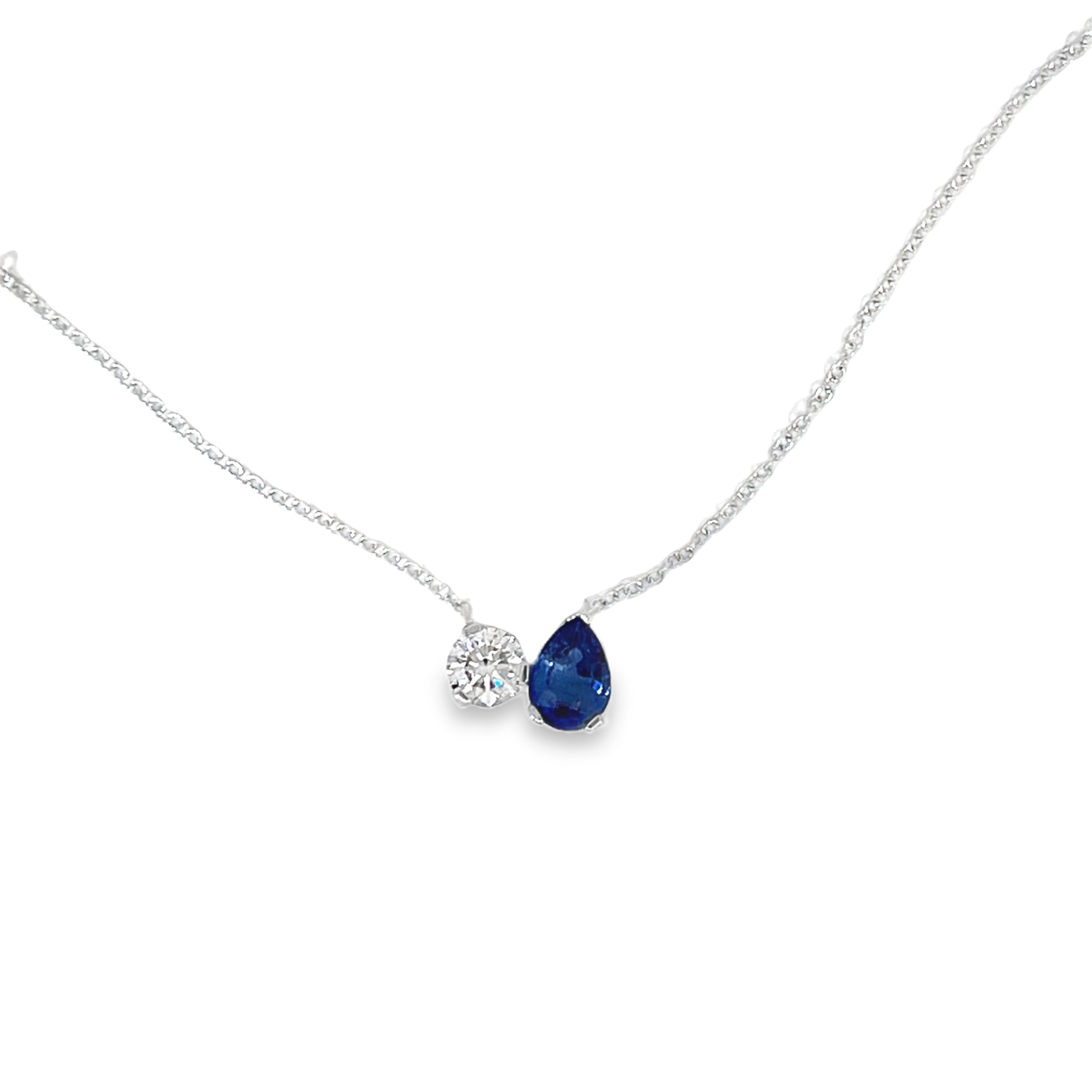 14K White Gold 0.80ct Pear-Shaped Sapphire & 0.55ct Round Brilliant Diamond Two-Stone Necklace