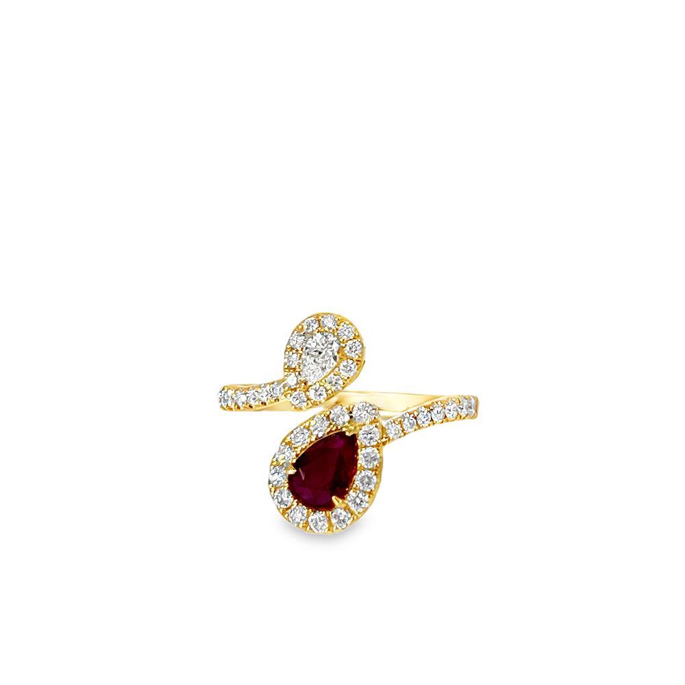14K Yellow Gold 0.49ct Pear-Shaped Ruby & 0.70 CTW Diamond Bypass Halo Ring