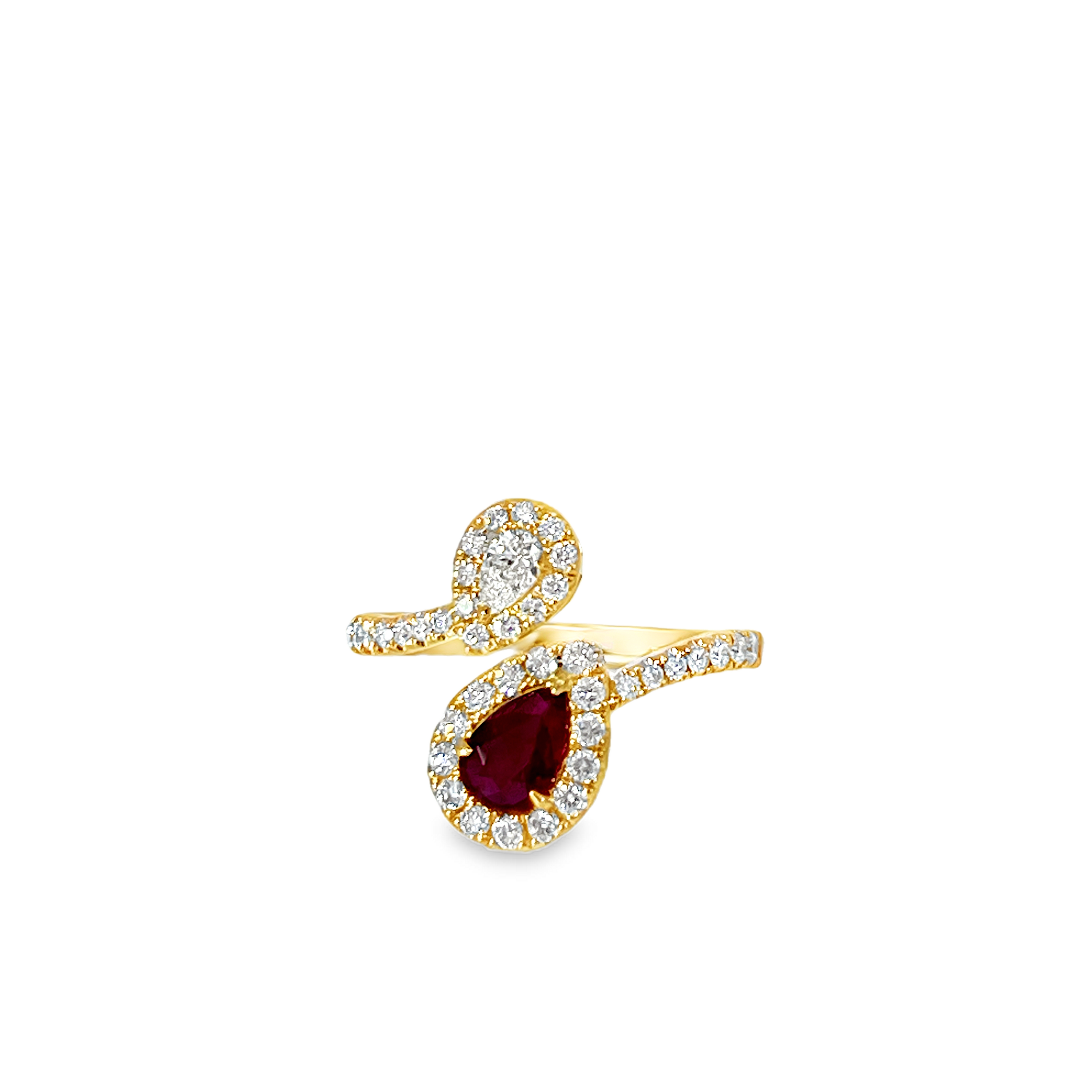 14K Yellow Gold 0.49ct Pear-Shaped Ruby & 0.70 CTW Diamond Bypass Halo Ring