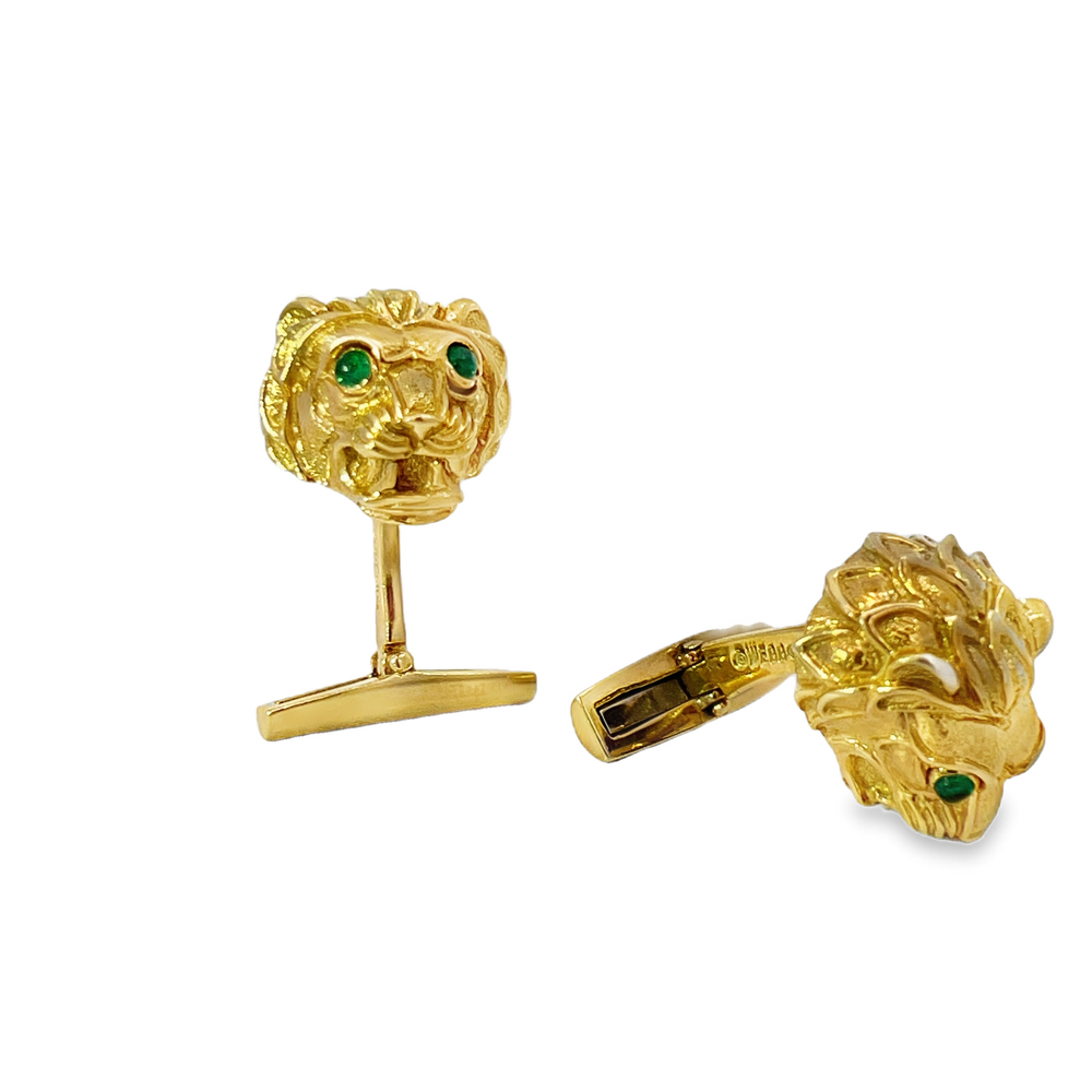 Estate David Webb 18K Yellow Gold Lion Head Cufflinks Emerald Eyes