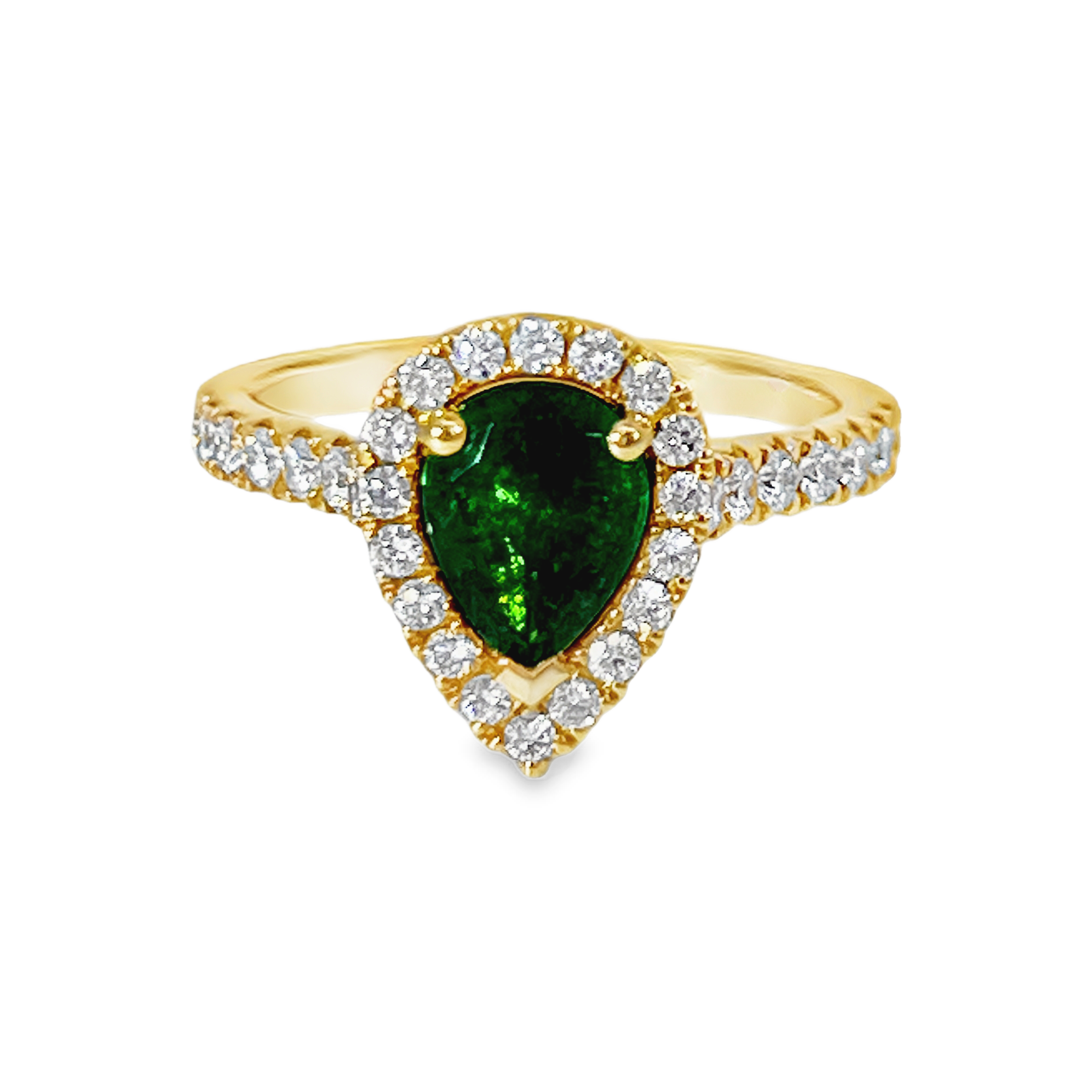 18K Yellow Gold 1.05ct Pear-Shaped Emerald & 0.60 CTW Diamond Halo Ring