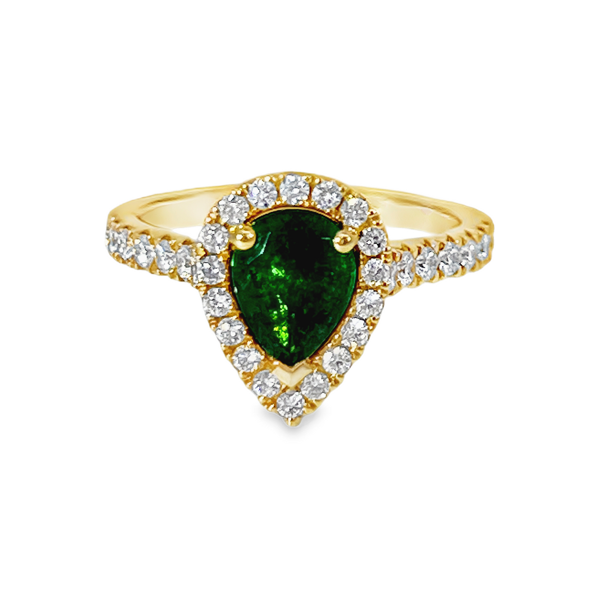 18K Yellow Gold 1.05ct Pear-Shaped Emerald & 0.60 CTW Diamond Halo Ring