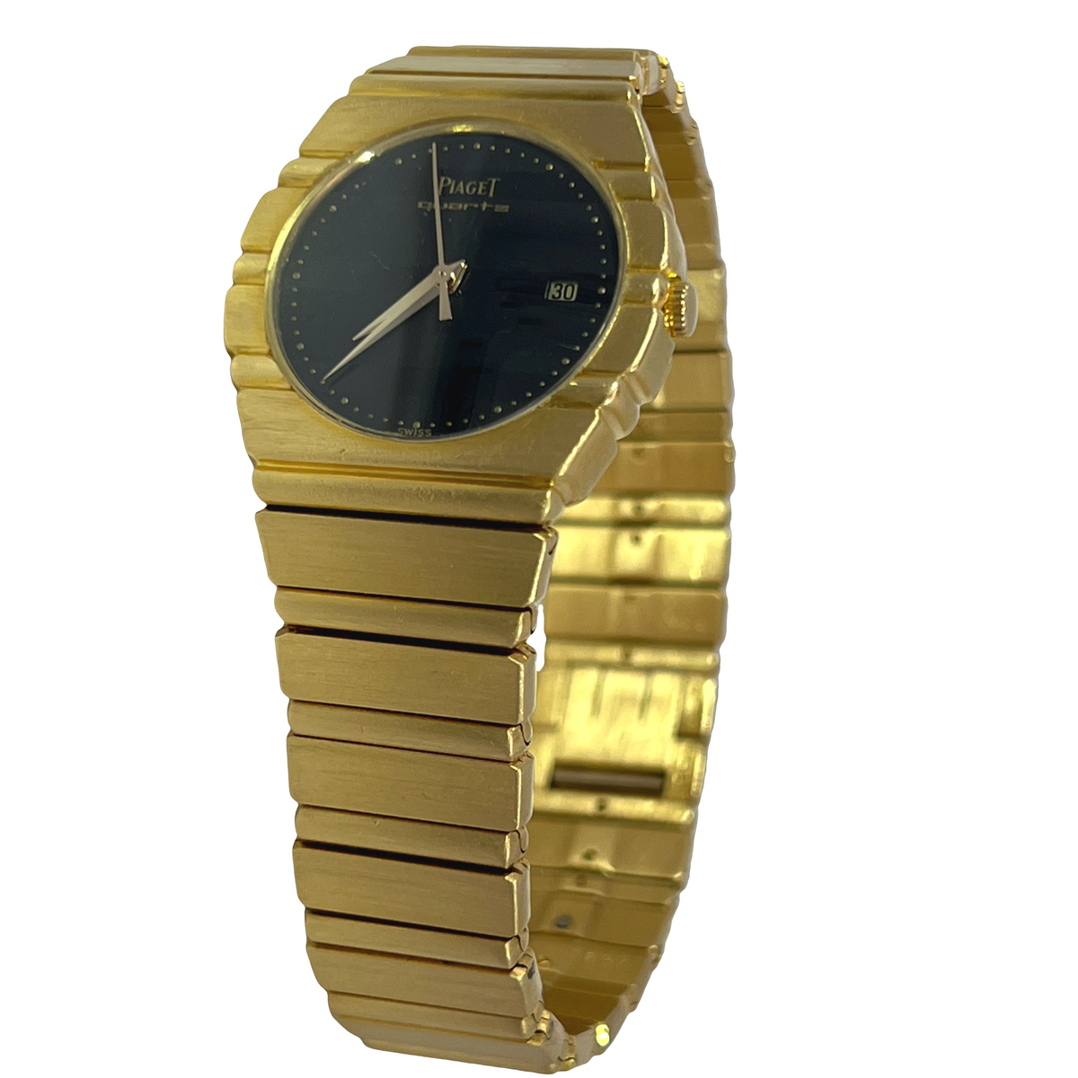 Pre-Owned Piaget Polo Small 18K Yellow Gold Black Dial Quartz Watch Ref. 15761