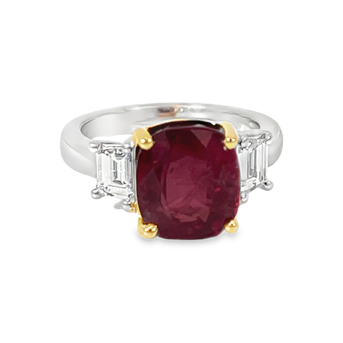 Platinum & 18K Yellow Gold Certified Ruby Ring with Trapezoid Diamonds – 6.80 Carat
