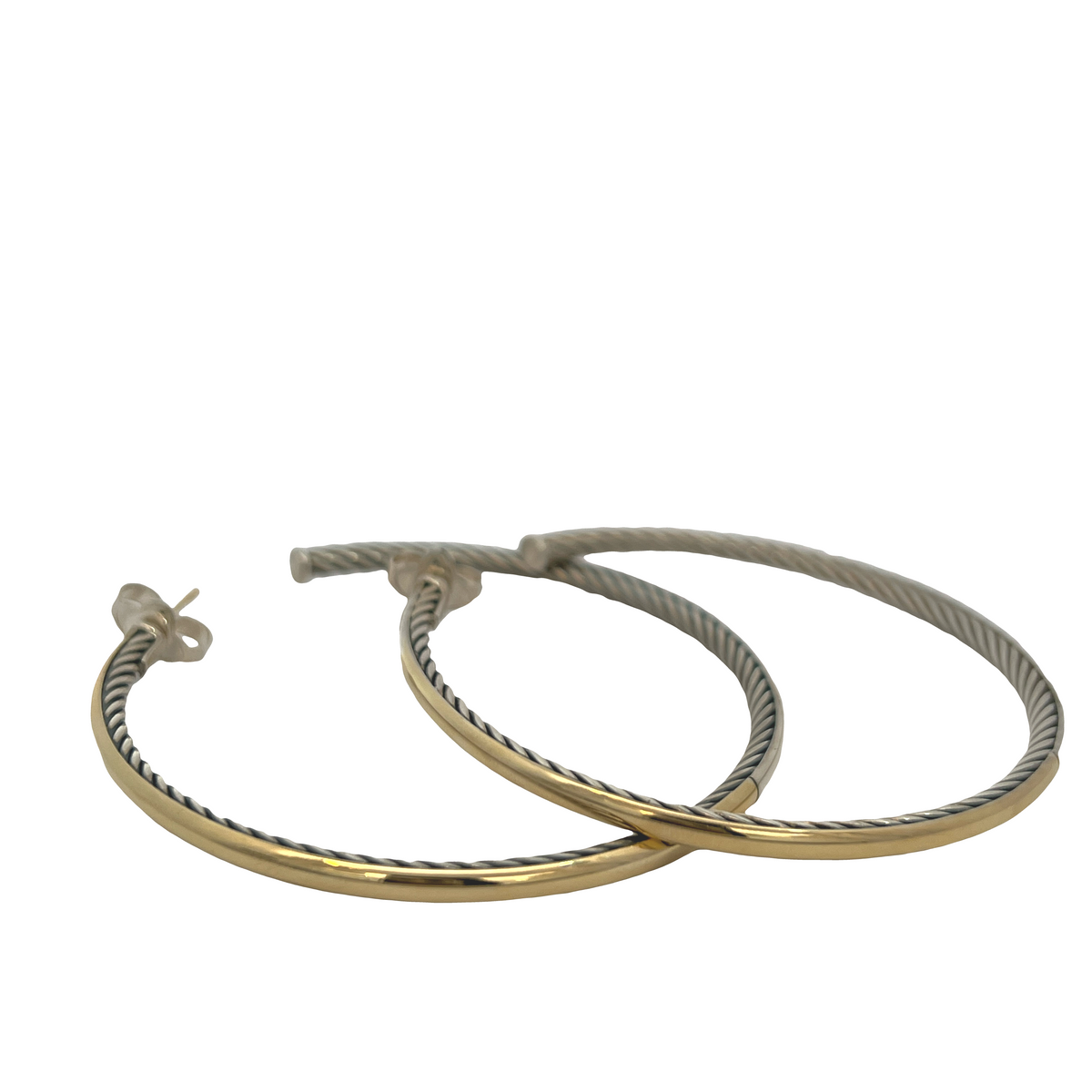 Estate David Yurman Large 2.5" Cable Hoop Earrings in Sterling Silver & 14K Yellow Gold