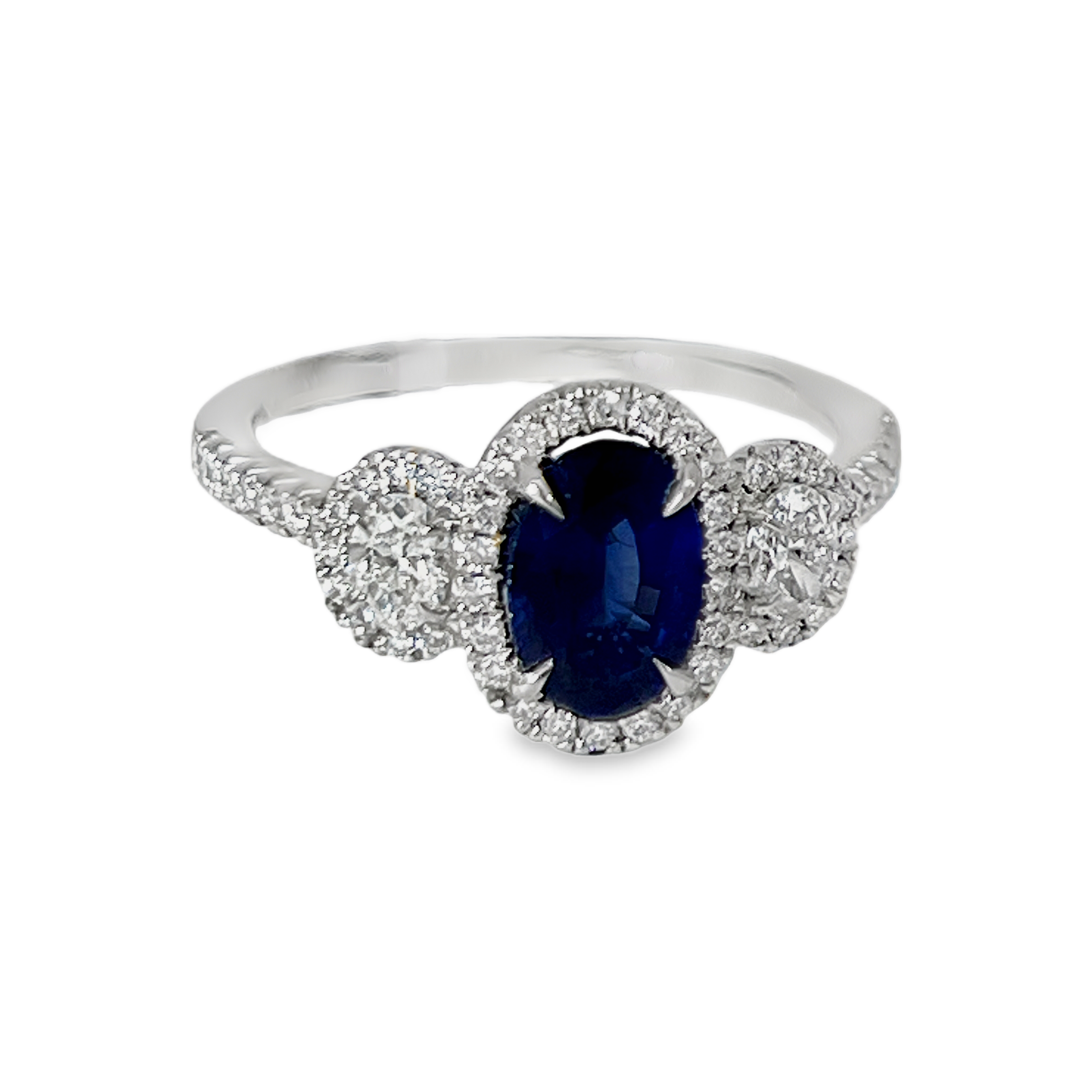 Platinum GIA 1.19ct Natural Blue Sapphire & 0.64 CTW Diamond Three-Stone Halo Ring