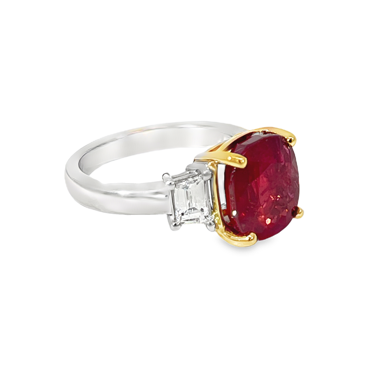 Platinum & 18K Yellow Gold Certified Ruby Ring with Trapezoid Diamonds – 6.80 Carat