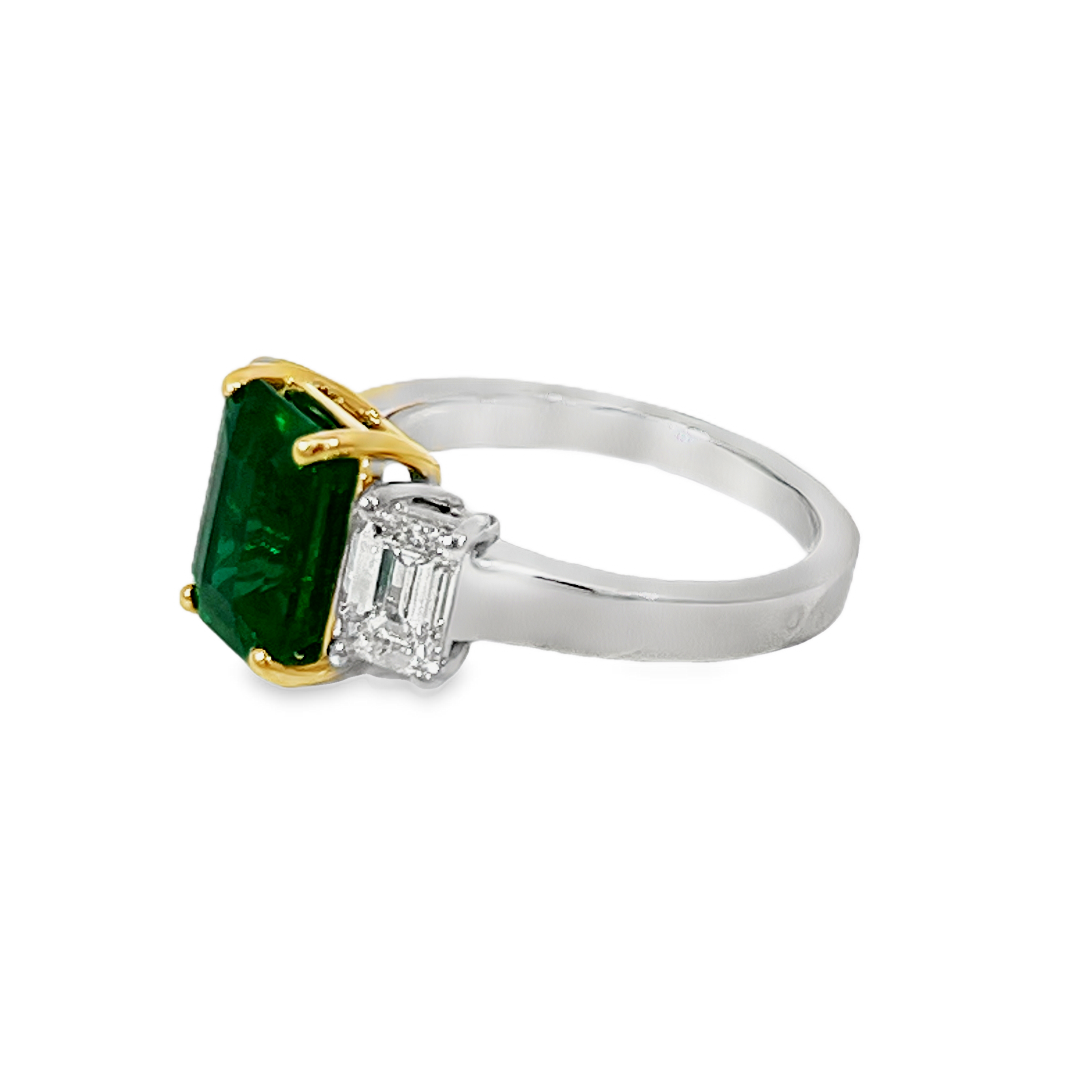 Platinum & 18K Yellow Gold Brazilian Emerald & Diamond Three-Stone Ring | 3.18ct Emerald & 1.52cttw Diamonds