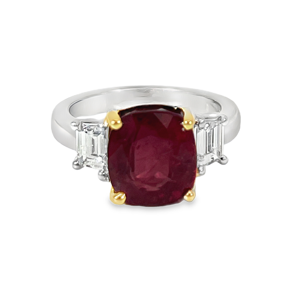 Platinum & 18K Yellow Gold Certified Ruby Ring with Trapezoid Diamonds – 6.80 Carat