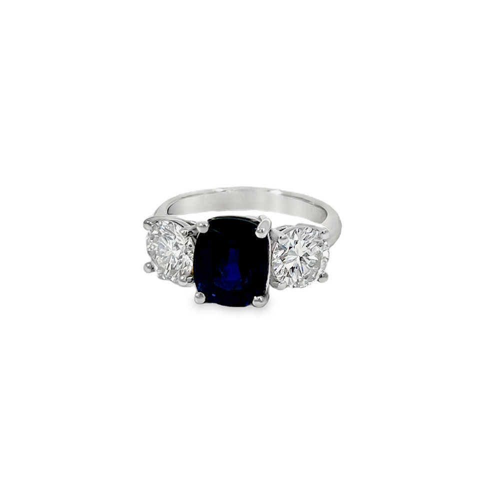 Platinum GIA-Certified 3.78ct Unheated Sri Lankan Blue Sapphire & 2.09ct Diamond Three-Stone Ring