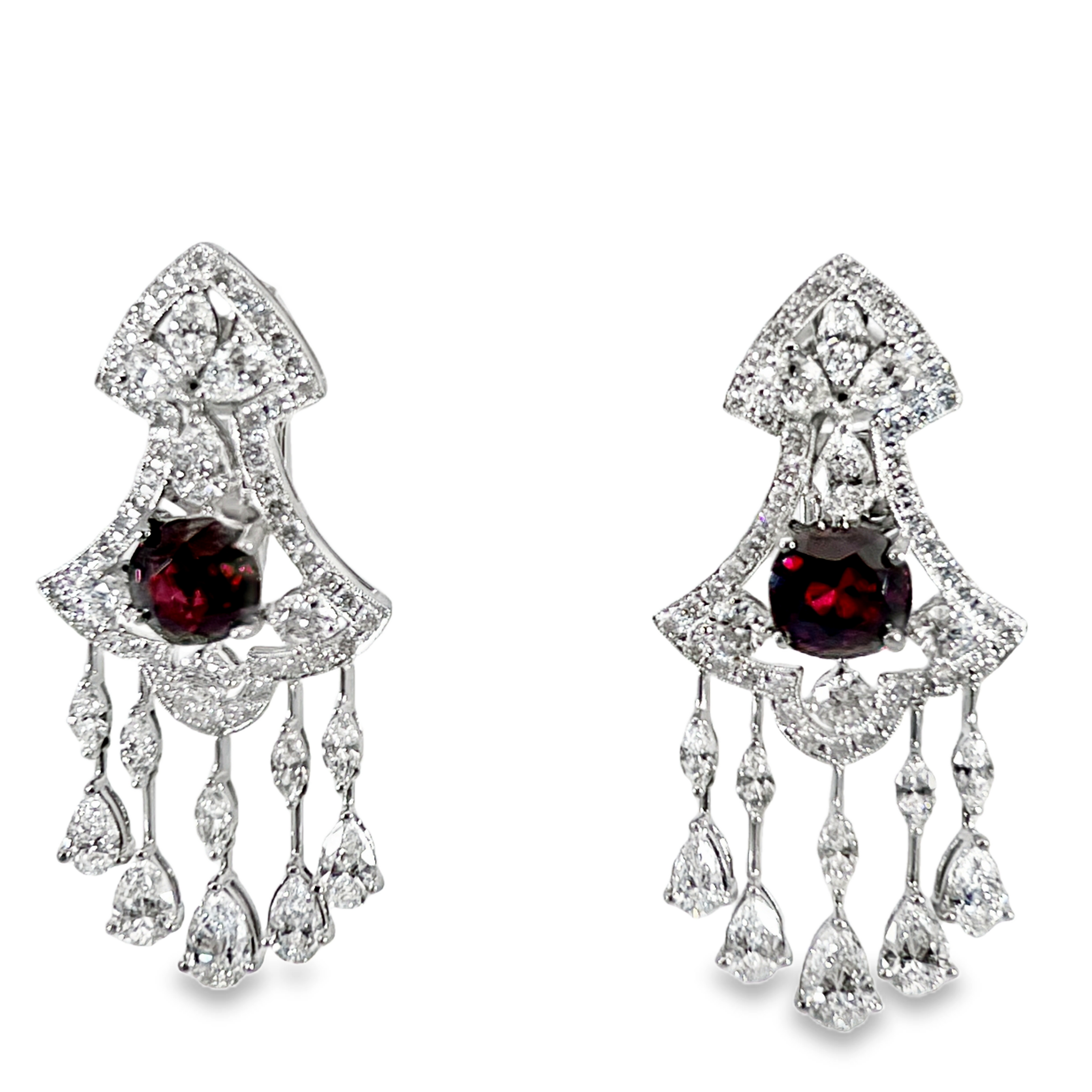 Estate Platinum Natural Red Spinel & Diamond Chandelier Dangle Earrings | Approx. 12.00 CTW Diamonds