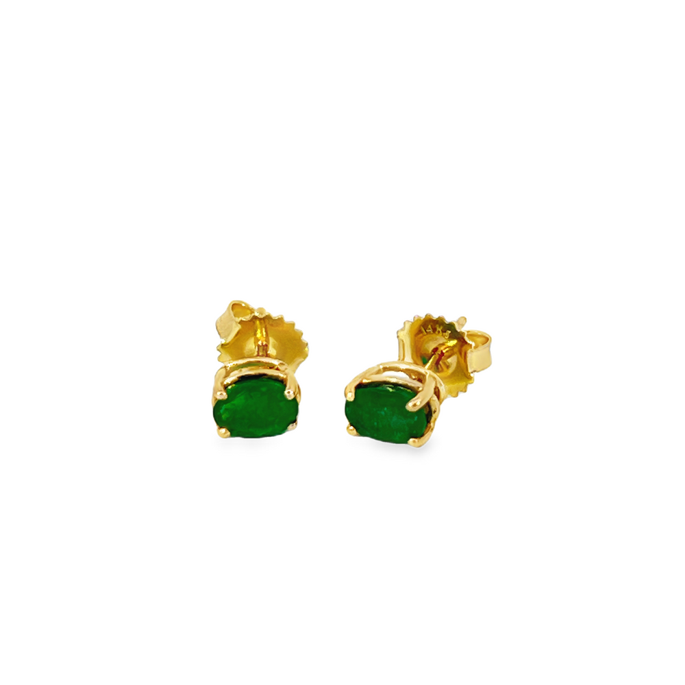 14K Yellow Gold Oval Emerald Stud Earrings