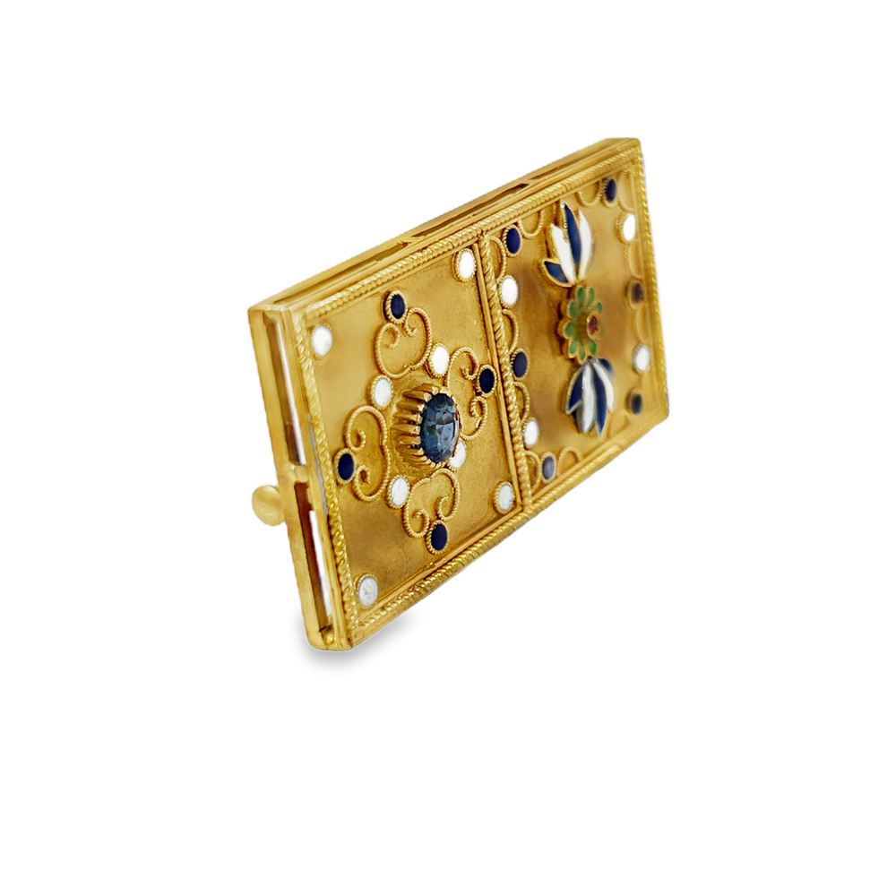 Estate 18K Yellow Gold GIA Certified Burma Sapphire & Enamel Brooch