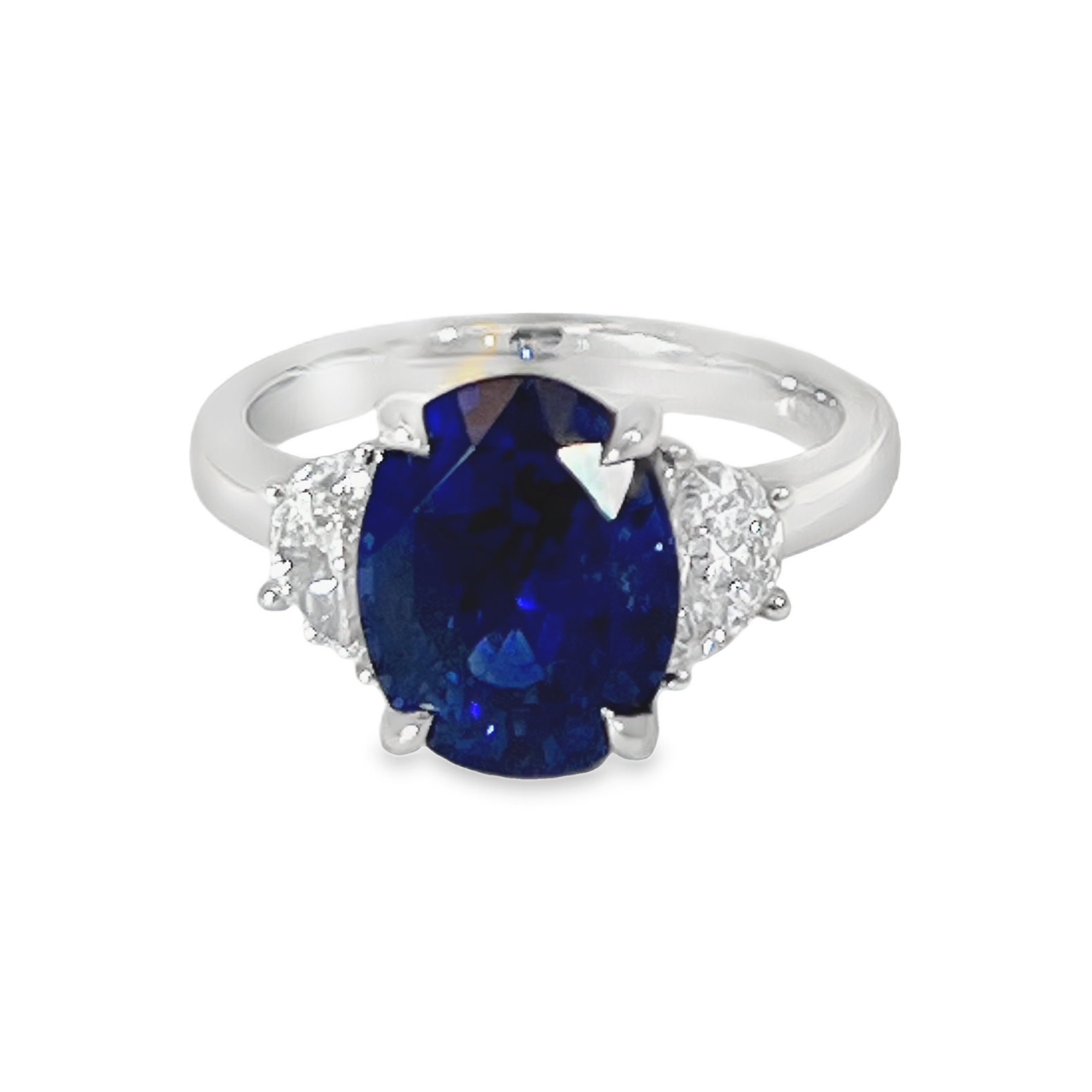 Platinum GIA 4.74ct Natural Royal Blue Sapphire & 0.62 CTW Half-Moon Diamond Three-Stone Ring