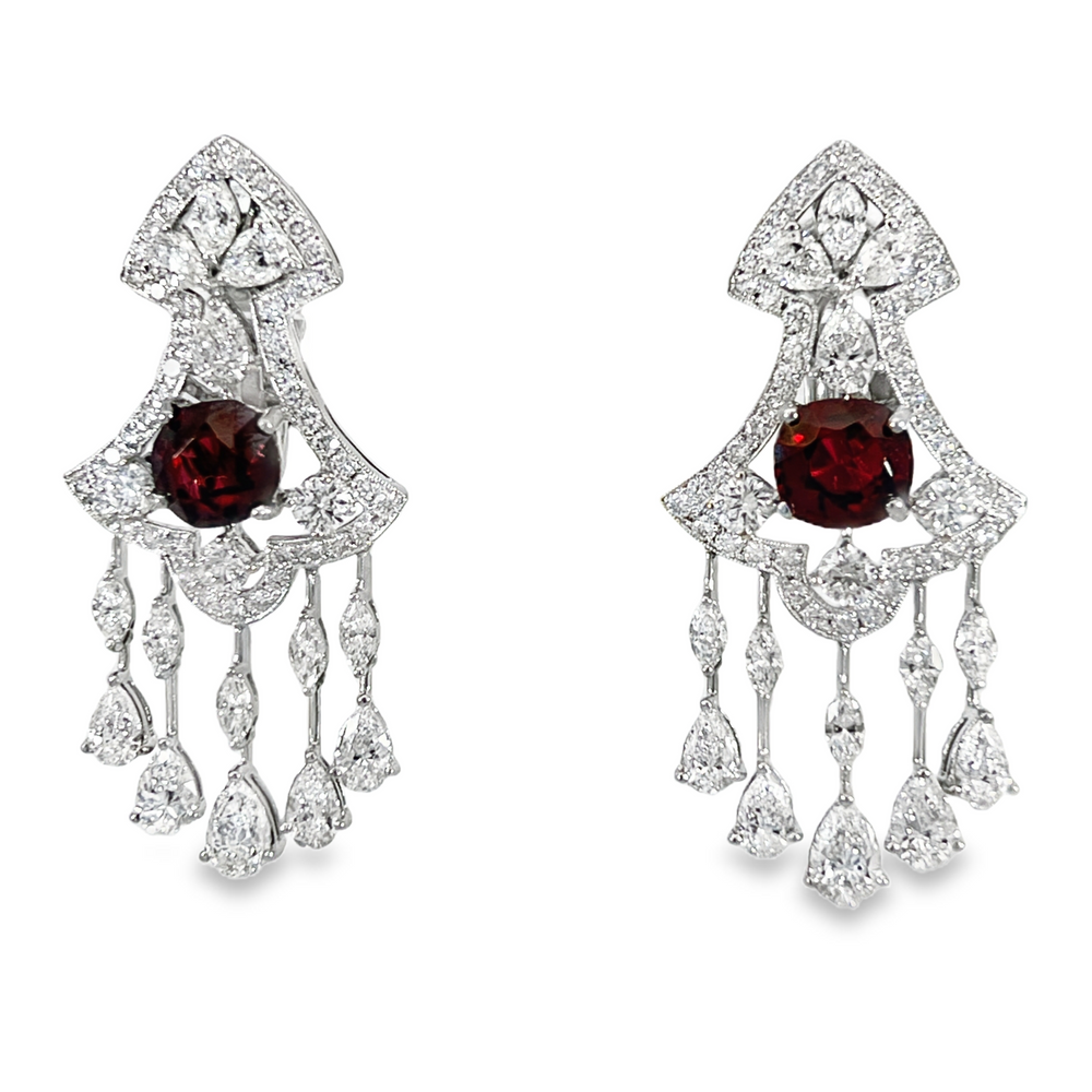 Estate Platinum Natural Red Spinel & Diamond Chandelier Dangle Earrings | Approx. 12.00 CTW Diamonds