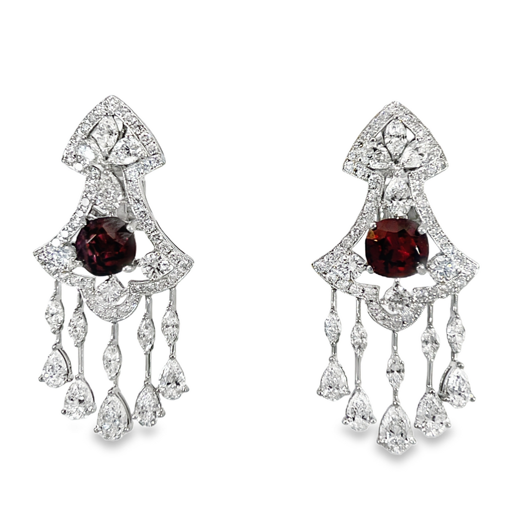 Estate Platinum Natural Red Spinel & Diamond Chandelier Dangle Earrings | Approx. 12.00 CTW Diamonds