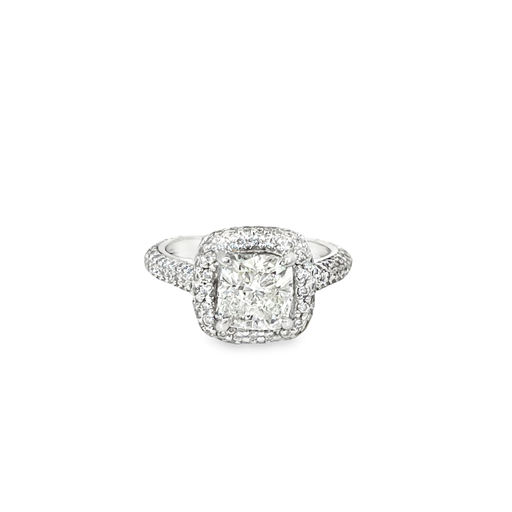Estate Platinum GIA 1.92ct Cushion Cut Diamond Halo Engagement Ring