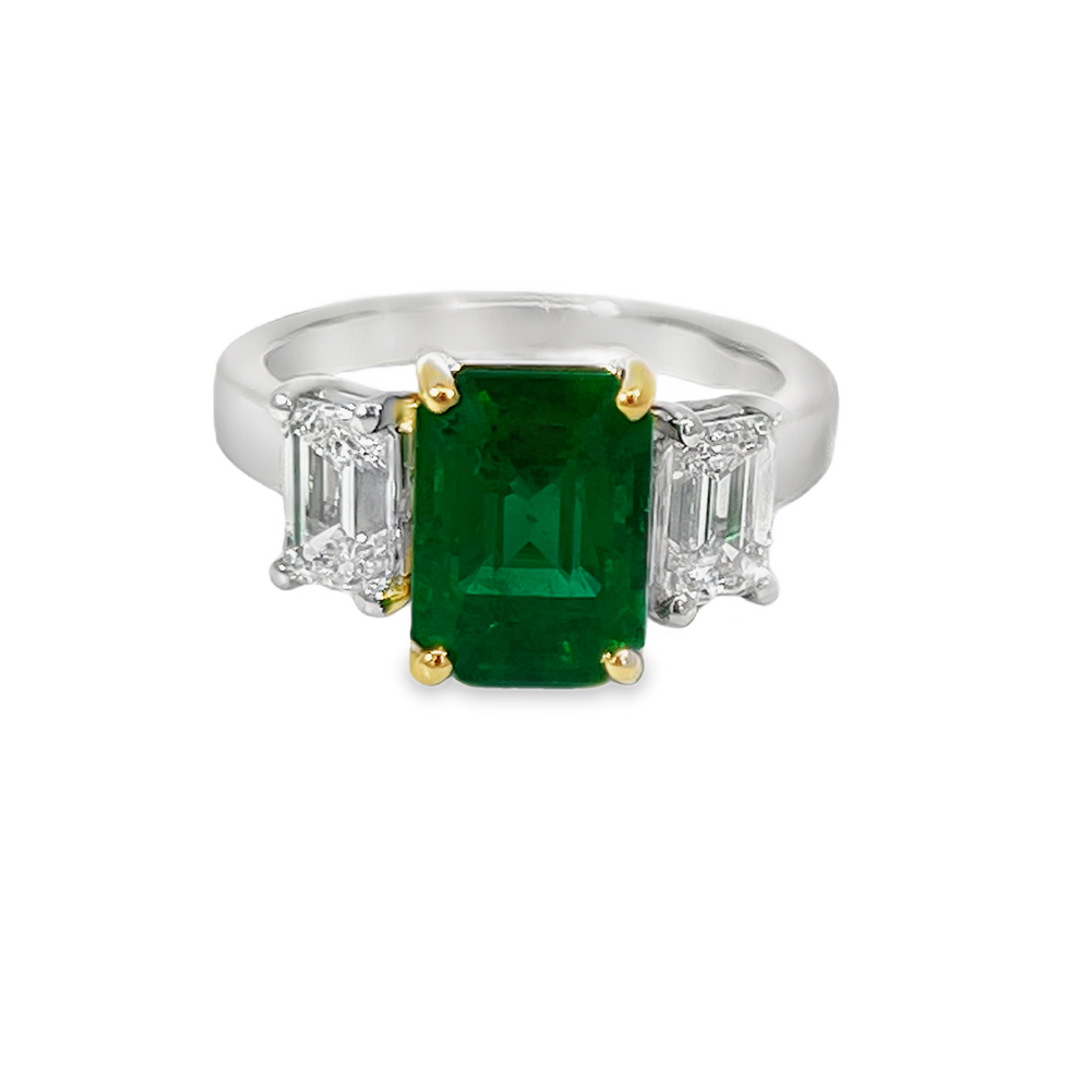 Platinum & 18K Yellow Gold Brazilian Emerald & Diamond Three-Stone Ring | 3.18ct Emerald & 1.52cttw Diamonds