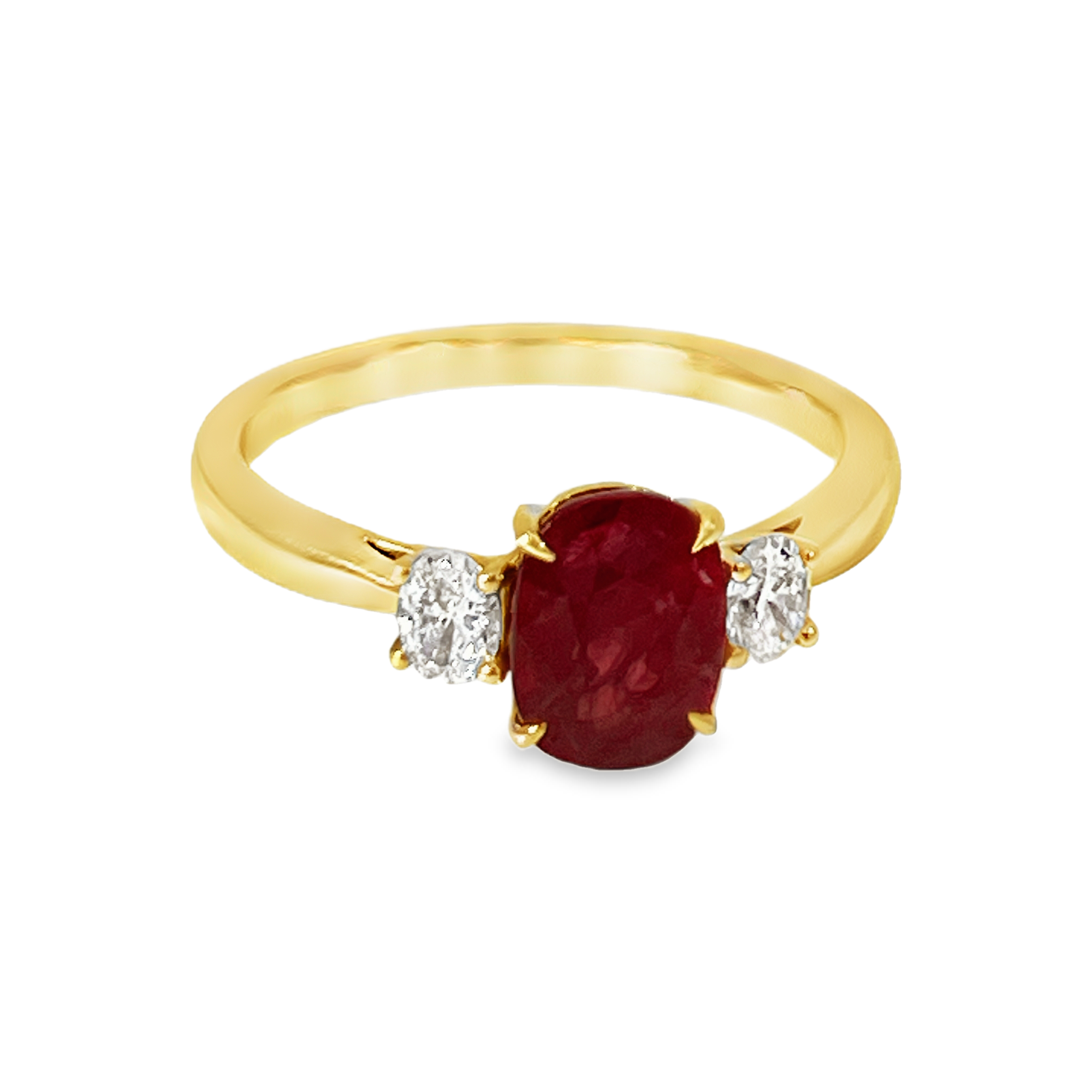 18K Yellow Gold GIA 1.78ct Natural Ruby & 0.25 CTW Oval Diamond Three-Stone Ring