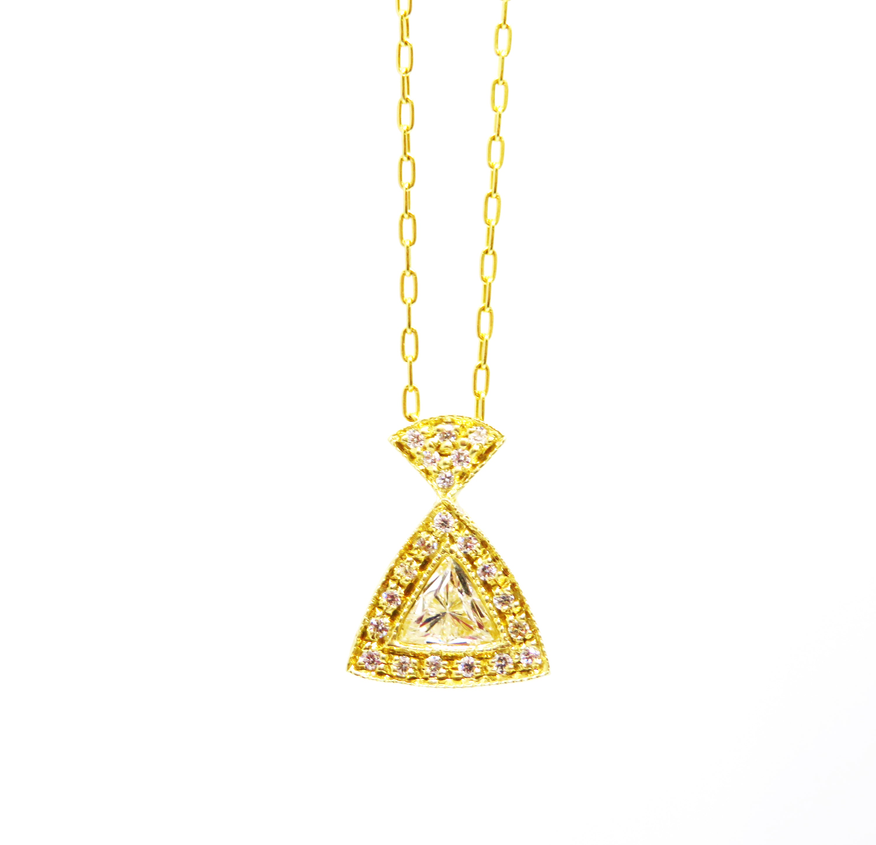 18kt Yellow Gold Pave Style Diamond Triangle, money bag Shape Pendant Necklace