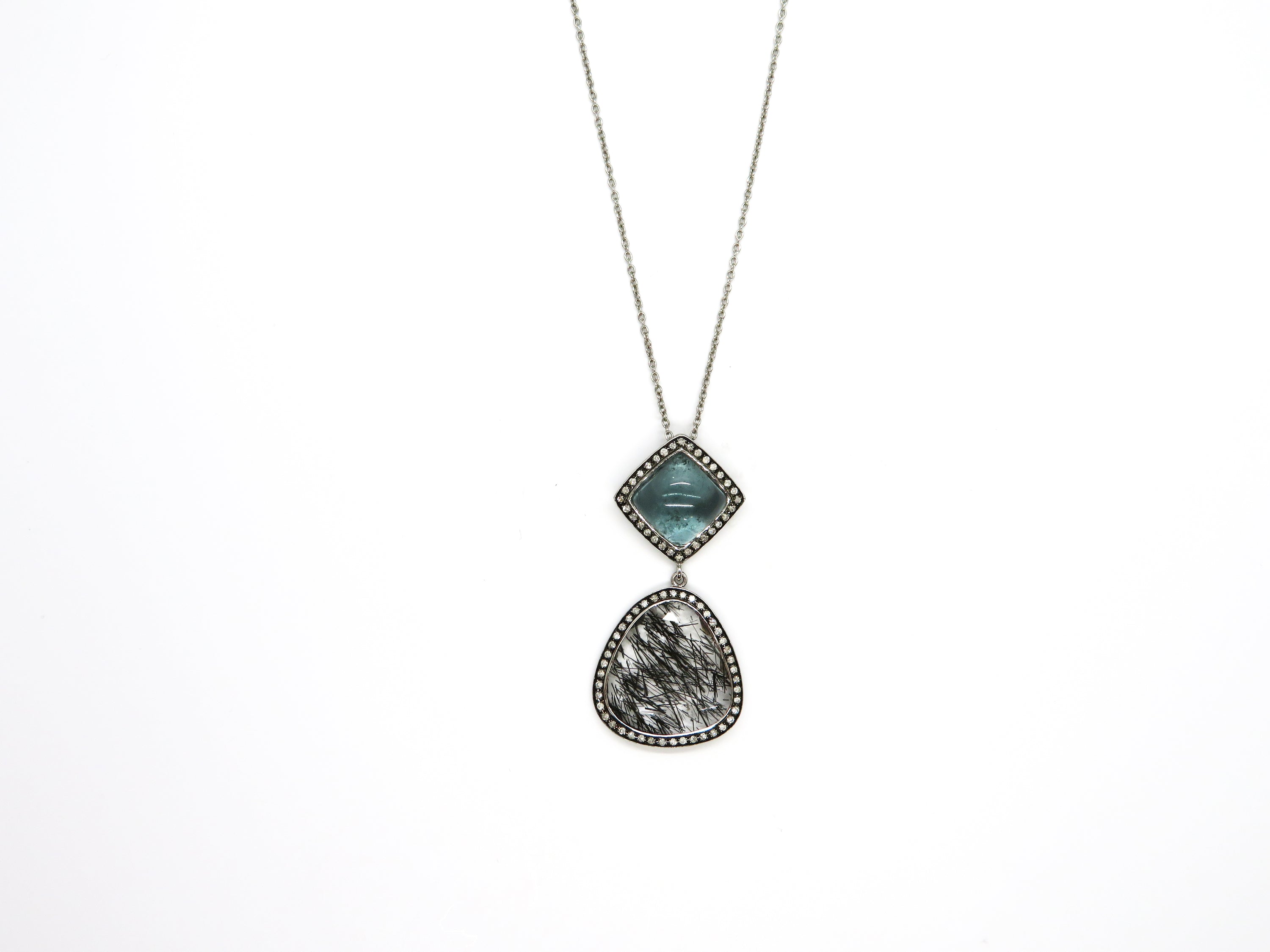 14kt White Gold Jenny Perl Design Tourmalinated Quartz & Blue Topaz Pendant with diamond halo