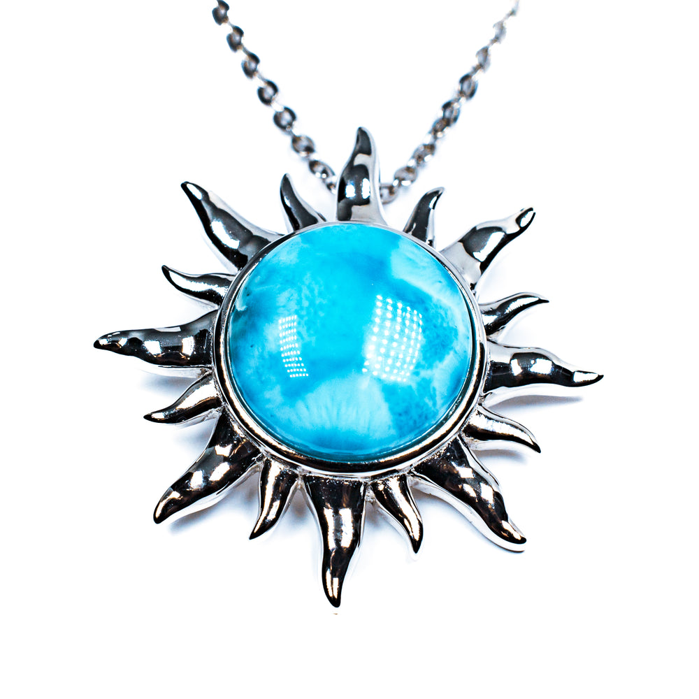 Sterling Silver Larimar Sunburst Pendant Necklace