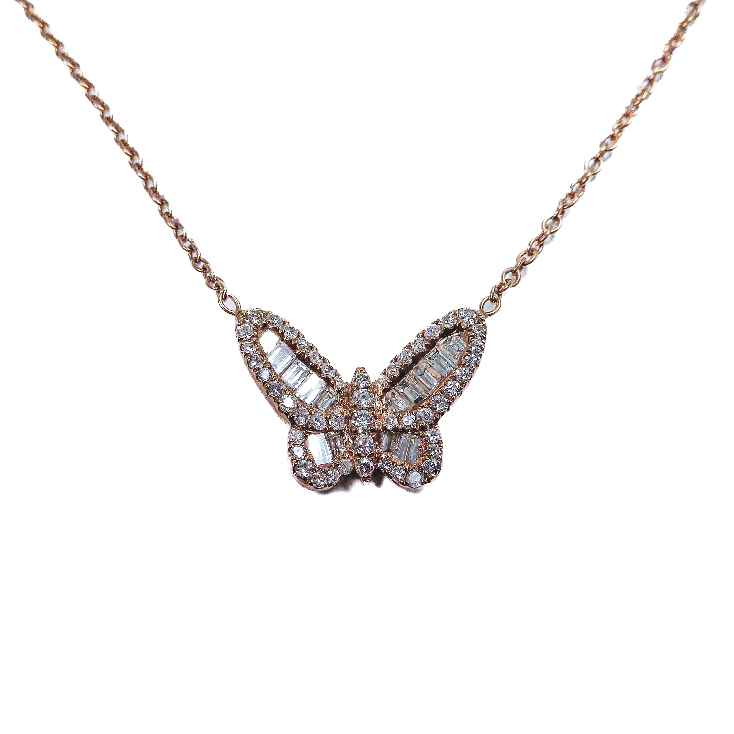 18kt Rose Gold Butterfly with Baguettes and Round Diamonds