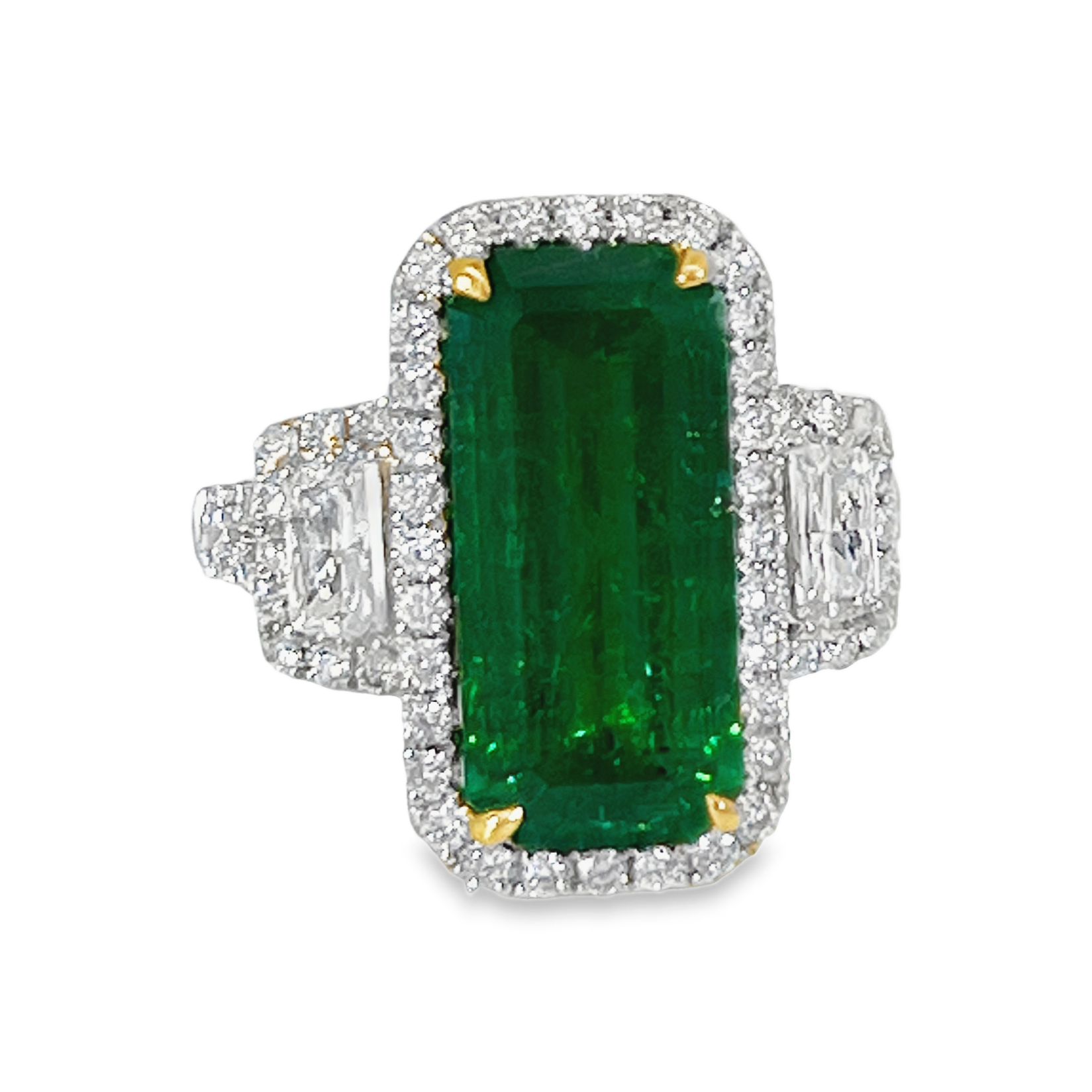 18K White Gold GIA 4.58ct Natural Emerald & 1.10 CTW Diamond Three-Stone Halo Ring