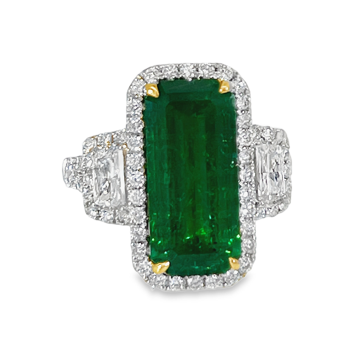 18K White Gold GIA 4.58ct Natural Emerald & 1.10 CTW Diamond Three-Stone Halo Ring