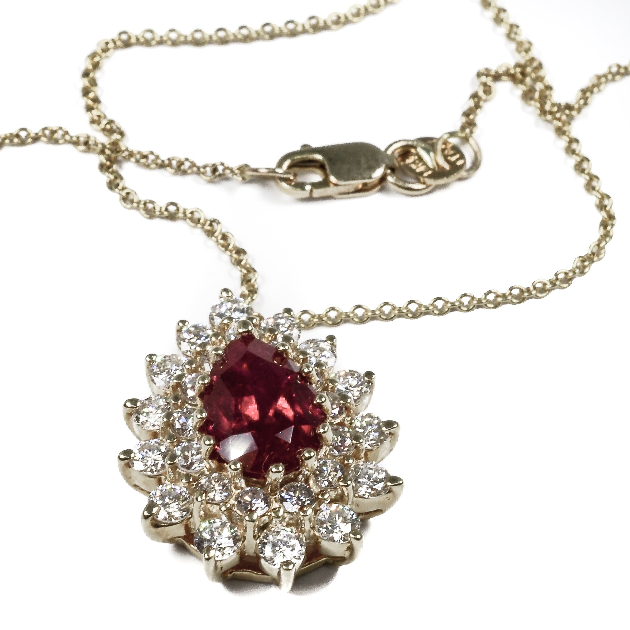 14kt Yellow Gold with Pear Shape Glass Filled Ruby & Double Diamond Halo Necklace