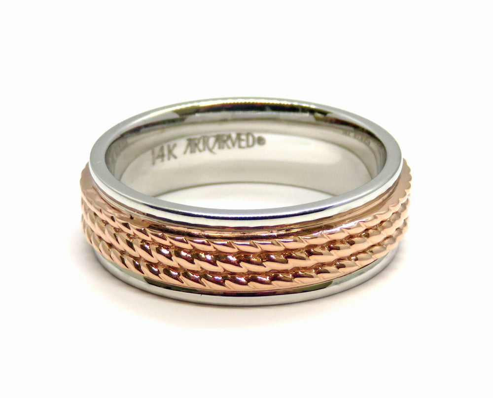 14kt White and Rose Gold Art-Carved Design Milgrain Style Men's Wedding Band