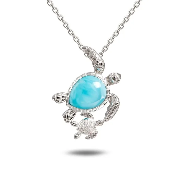 Sterling Silver Larimar Turtle Necklace with White Sapphire
